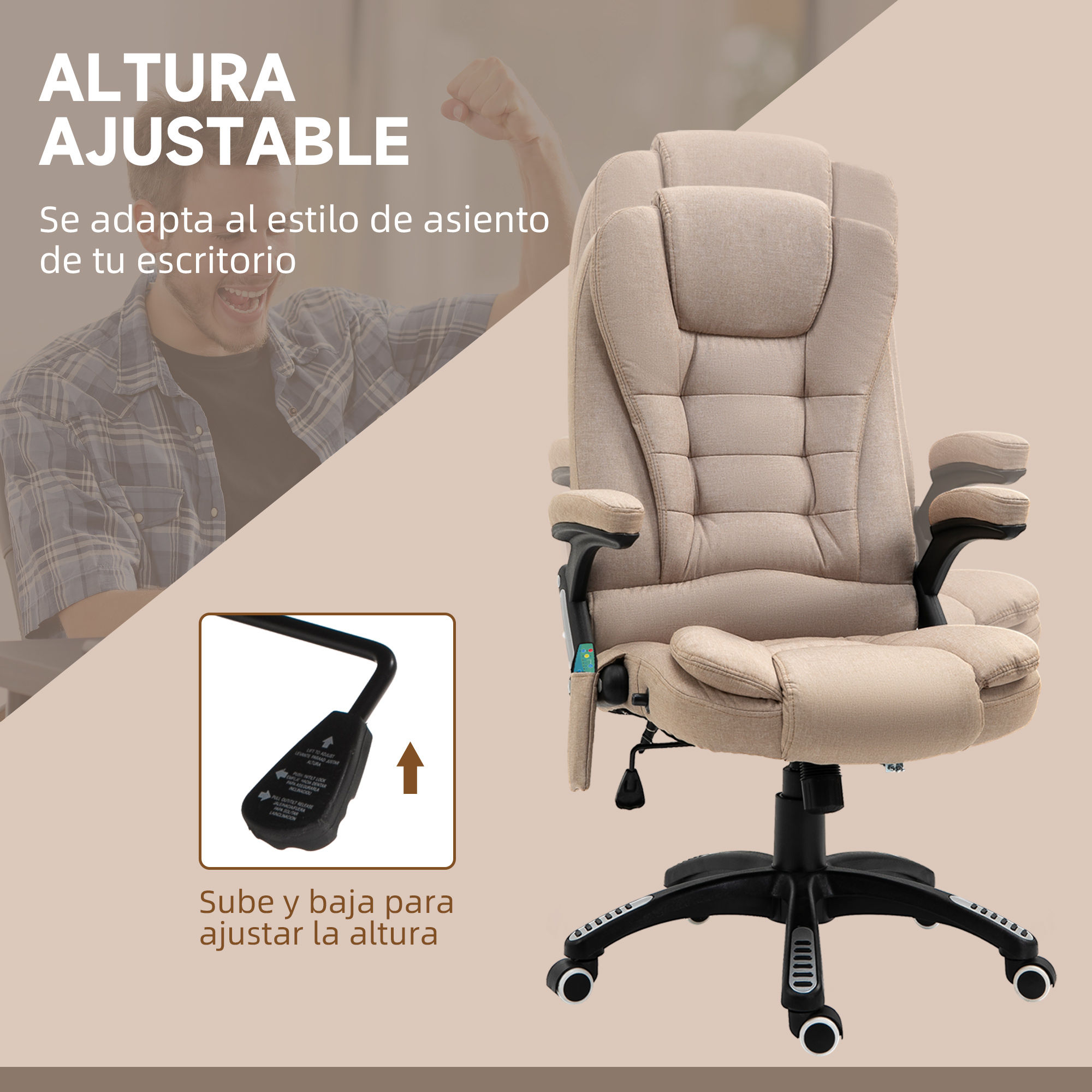 Silla de oficina beige con altura y reposabrazos ajustables. Se ve palanca para ajustar altura.