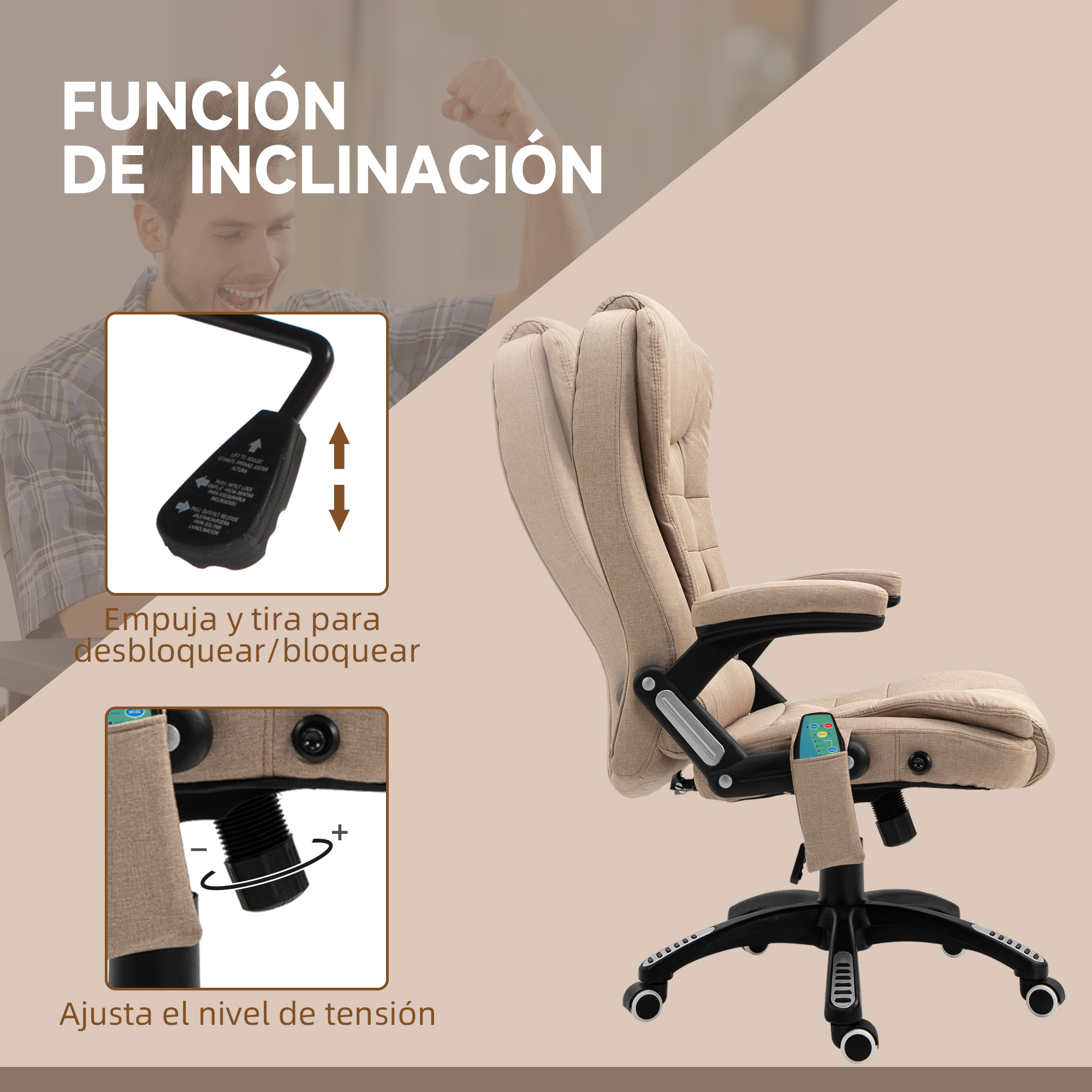 Silla de oficina beige con palancas y controles de ajuste.