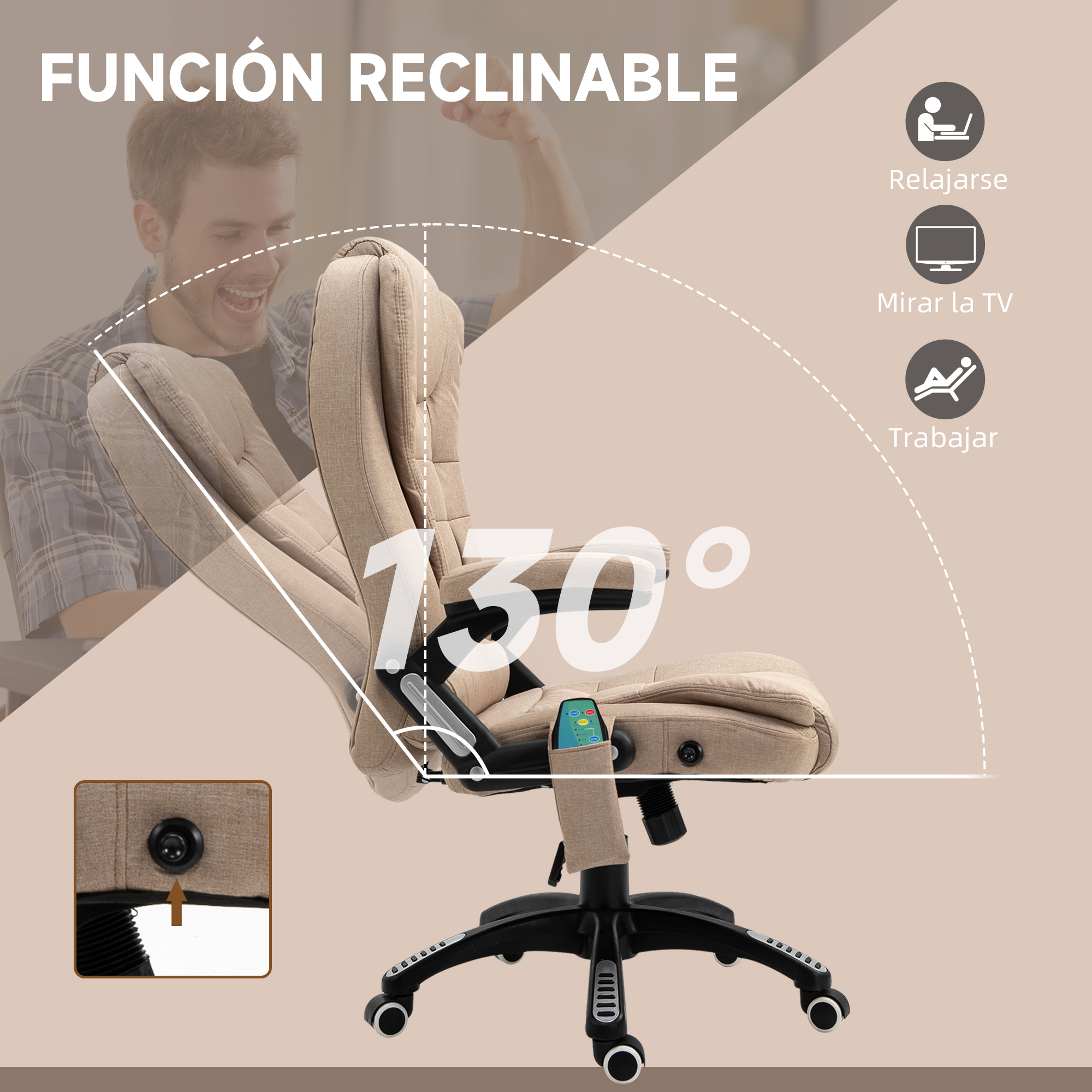 Una silla de oficina beige se reclina a 130 grados con un hombre al fondo.