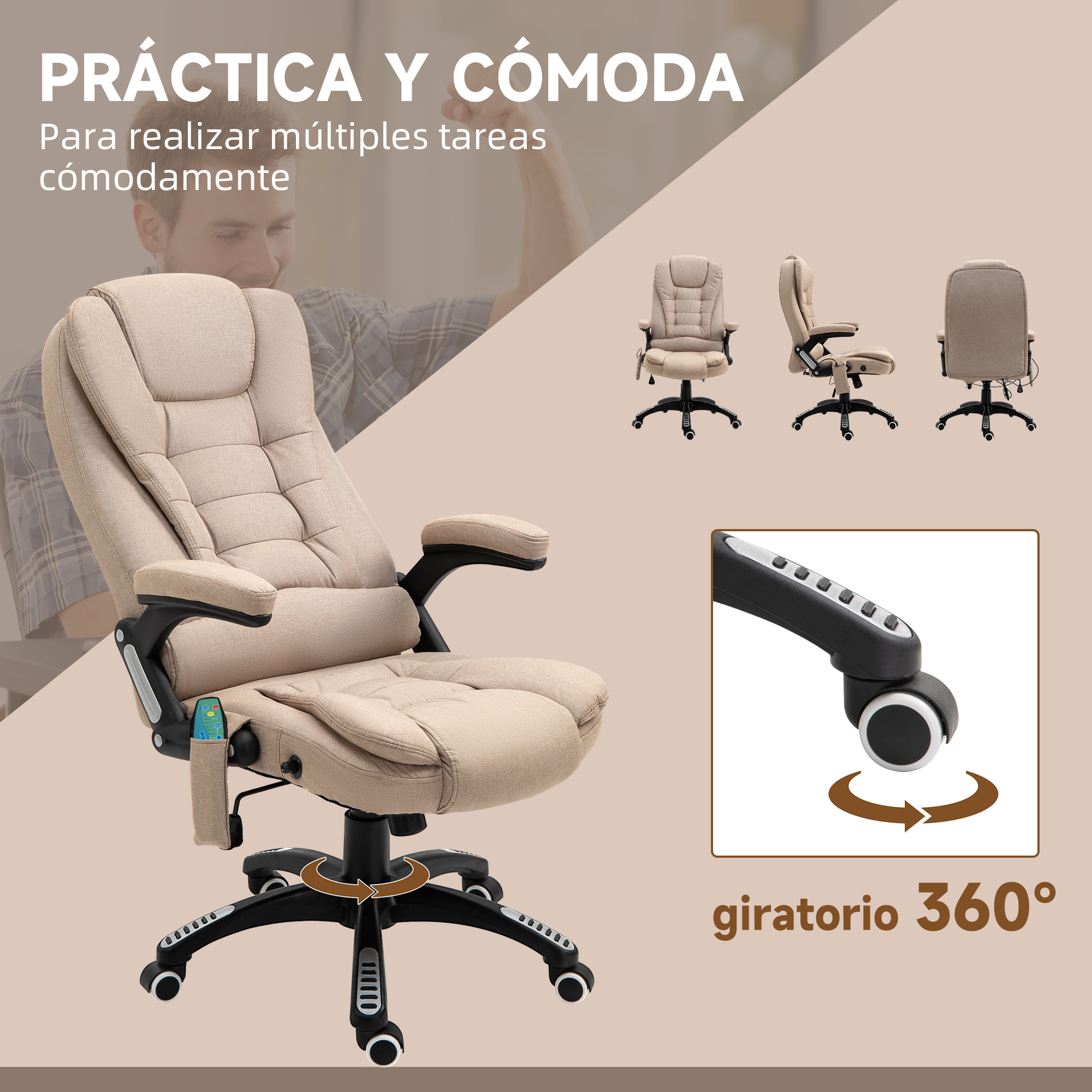 Una silla de oficina beige con reposabrazos, ruedas y giro de 360 grados.
