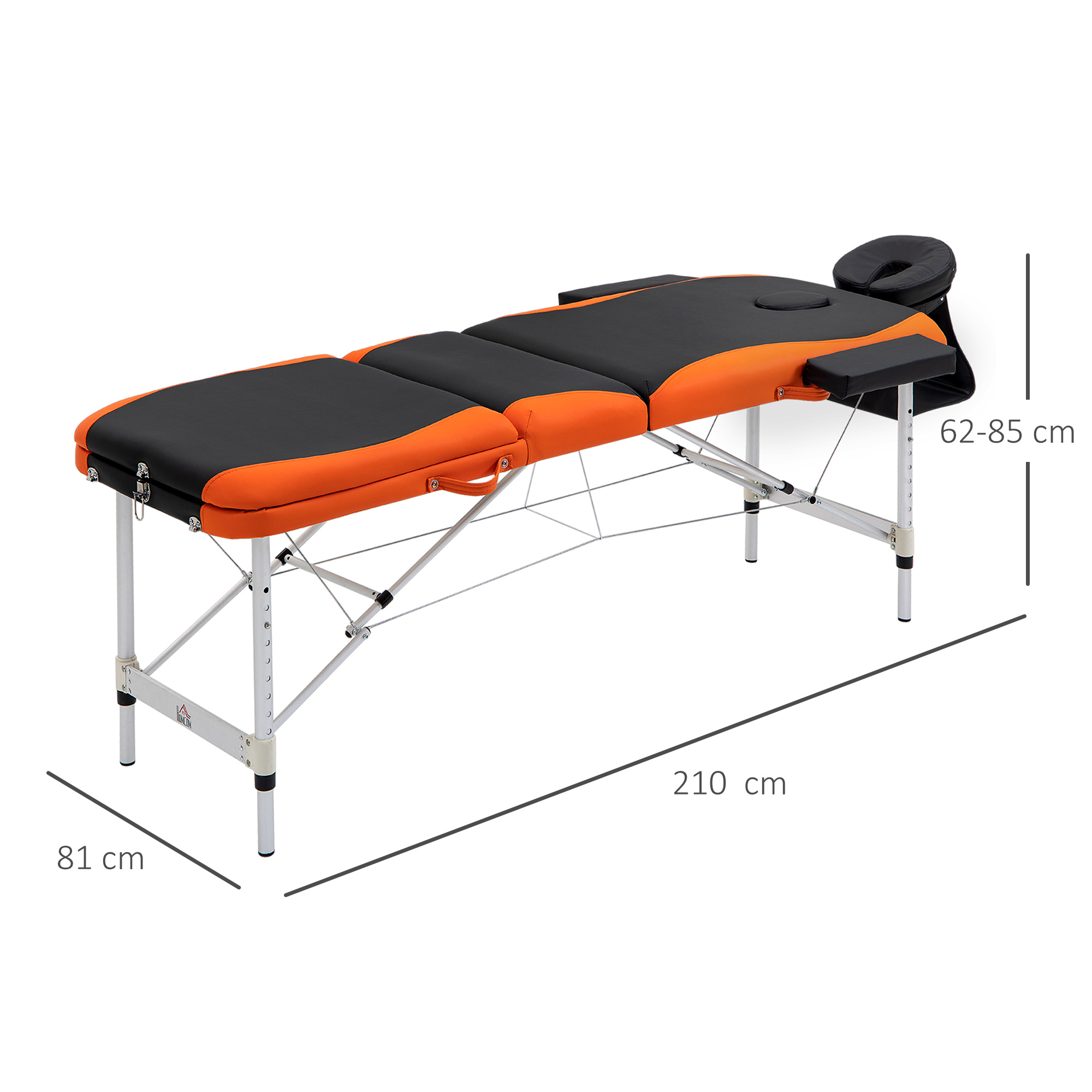Una camilla de masaje ajustable en naranja y negro con marco de metal plateado.