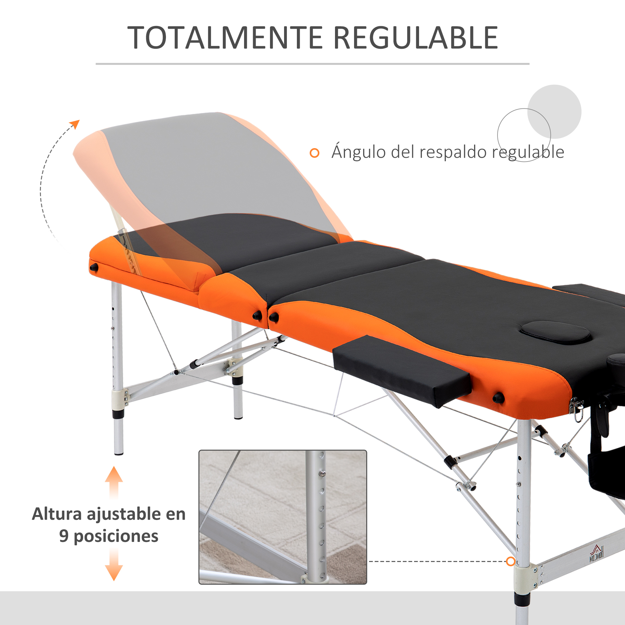 Una camilla de masaje naranja y negra con respaldo ajustable y patas regulables en altura.