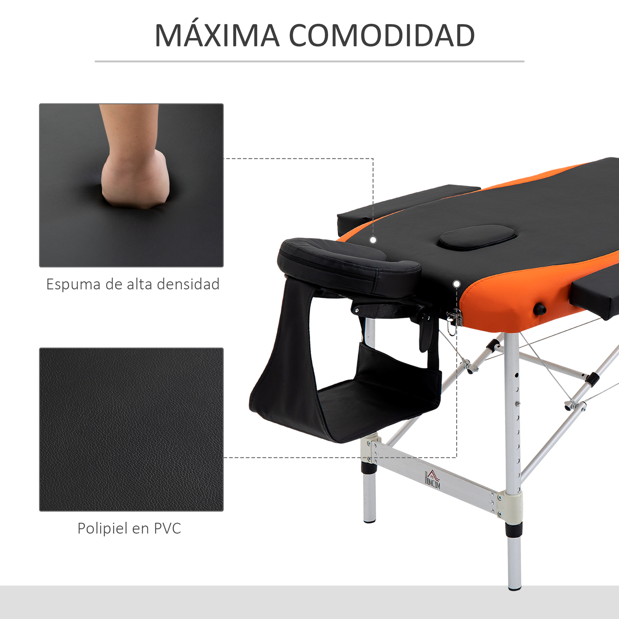 Una camilla de masaje negra con detalles naranjas y reposabrazos ajustables.