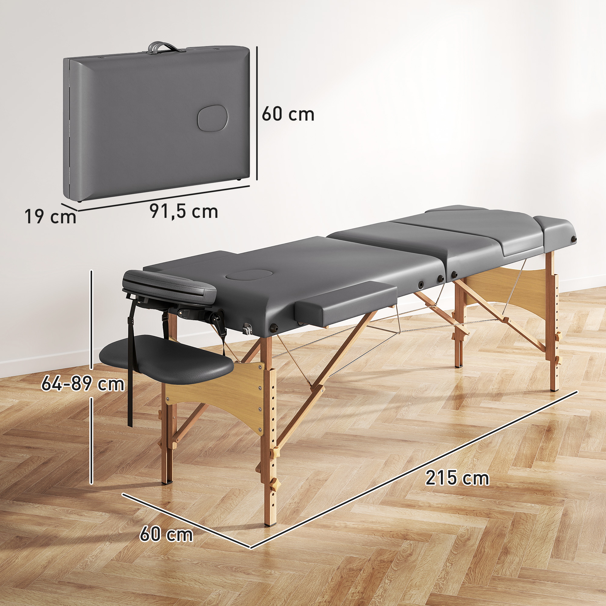 Mesa de masaje portátil gris con patas de madera, altura ajustable y reposacabezas.