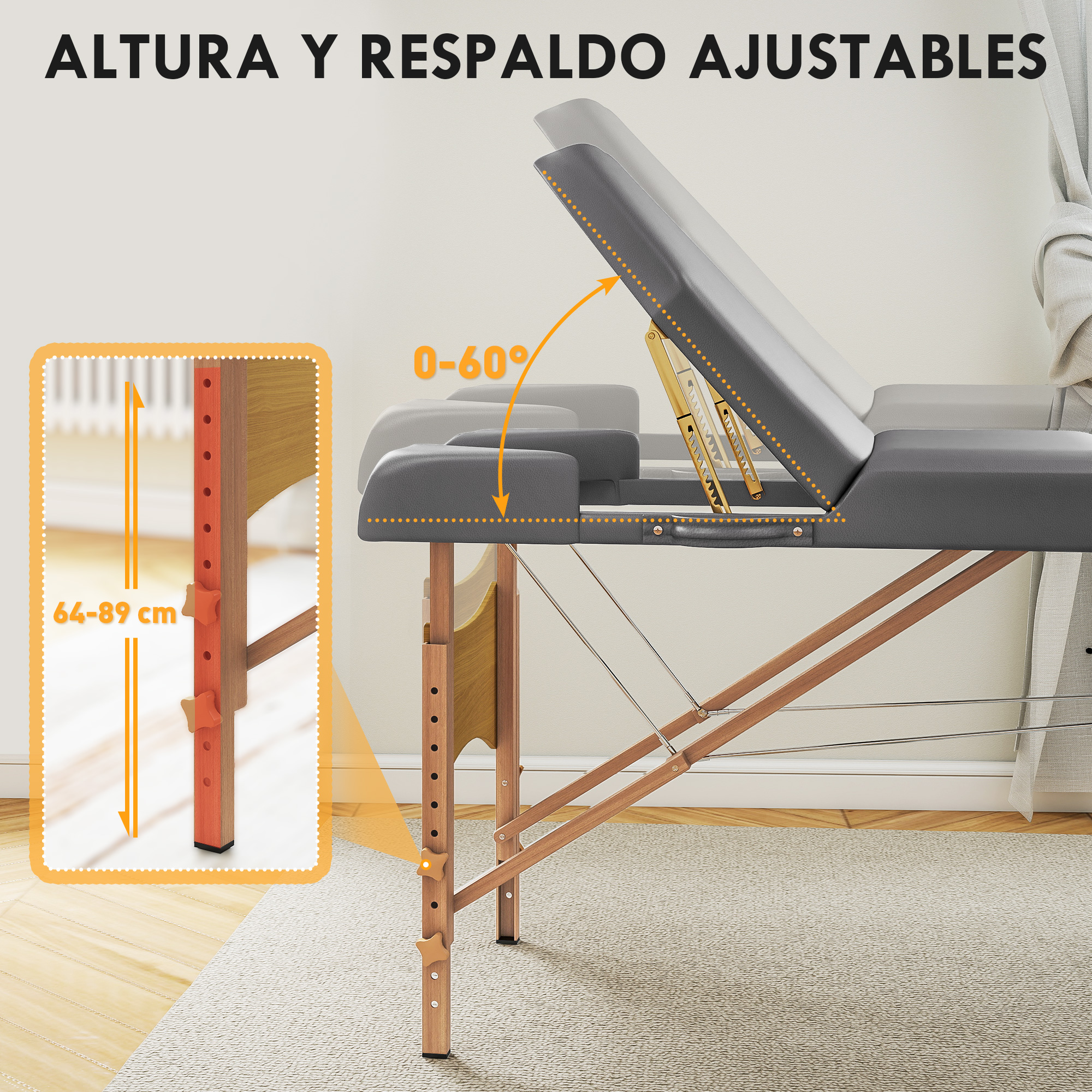 Mesa de masaje con altura ajustable (64-89cm) y respaldo (0-60 grados).