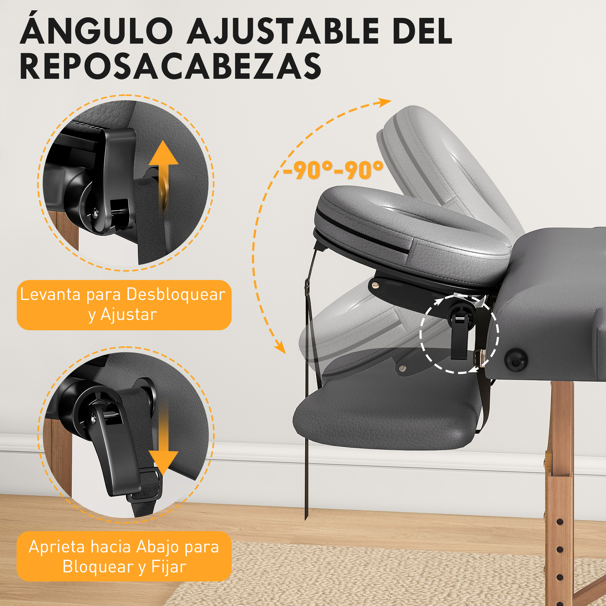 Reposacabezas ajustable con ajuste de ángulo de 90° y mecanismo de bloqueo.