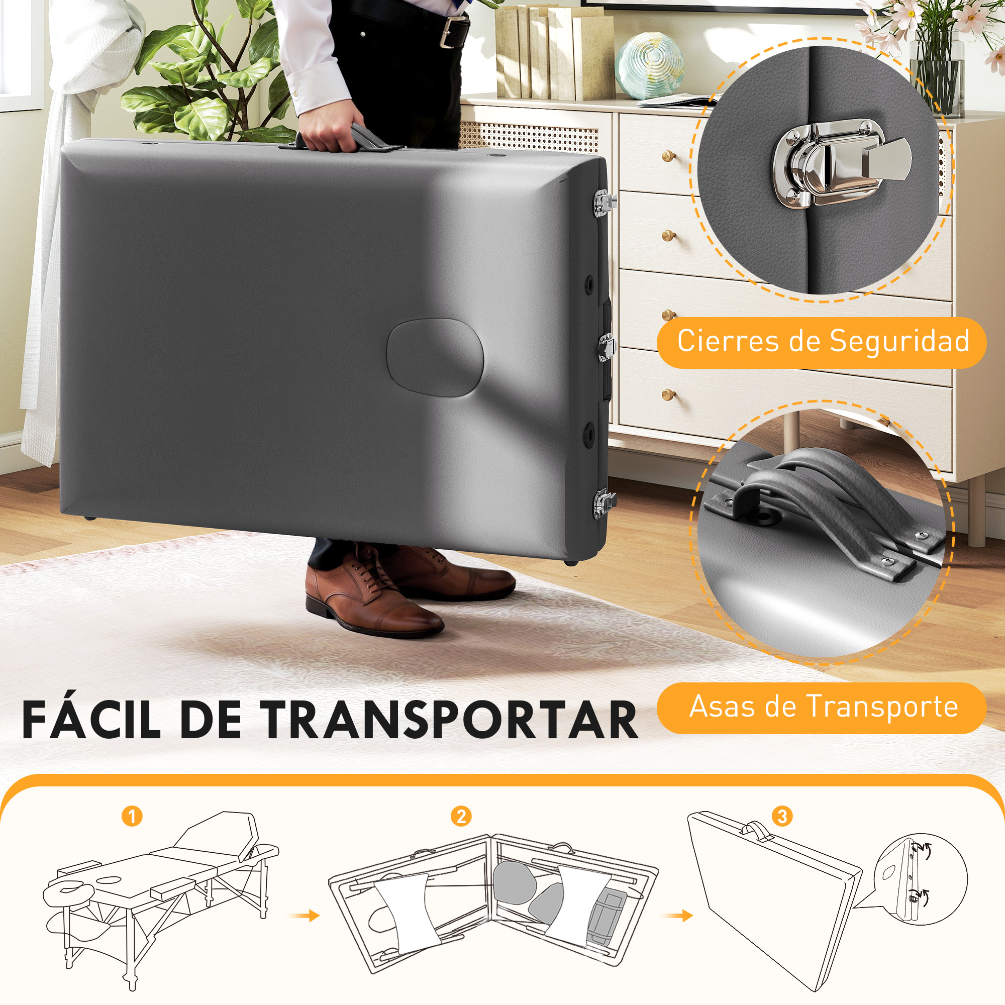 Mesa de masaje plegable gris llevada por una persona. Primeros planos de pestillos y asas.