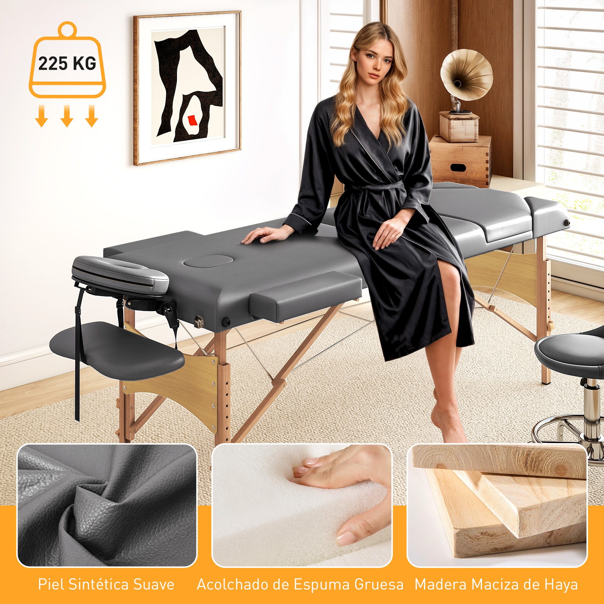 Mesa de masaje gris con reposacabezas y taburete. Mujer en bata.