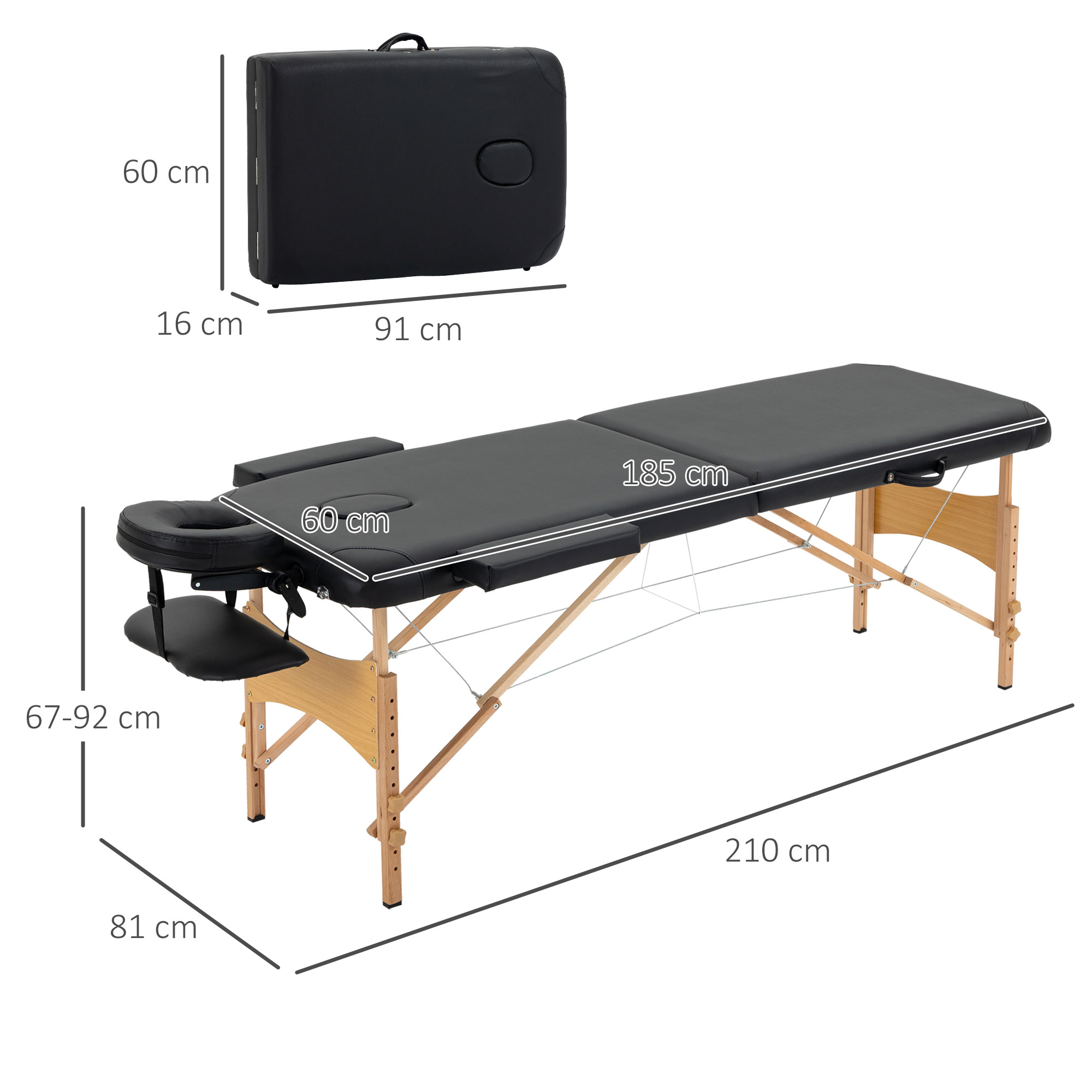 Mesa de masaje negra con patas de madera, plegada para transporte.
