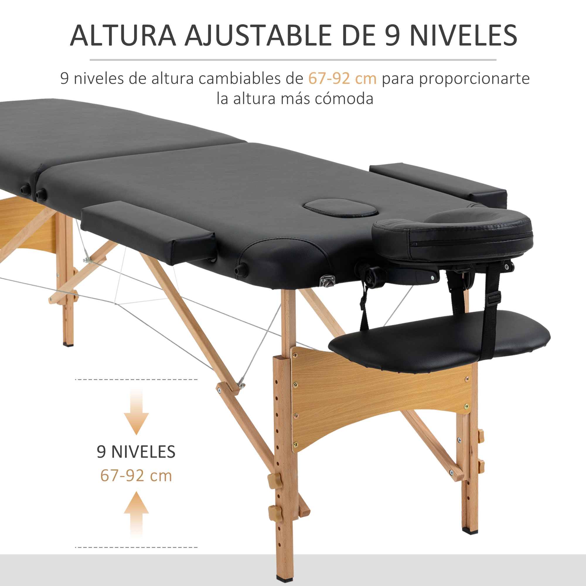 Mesa de masaje de madera negra con altura ajustable de 67-92 cm.
