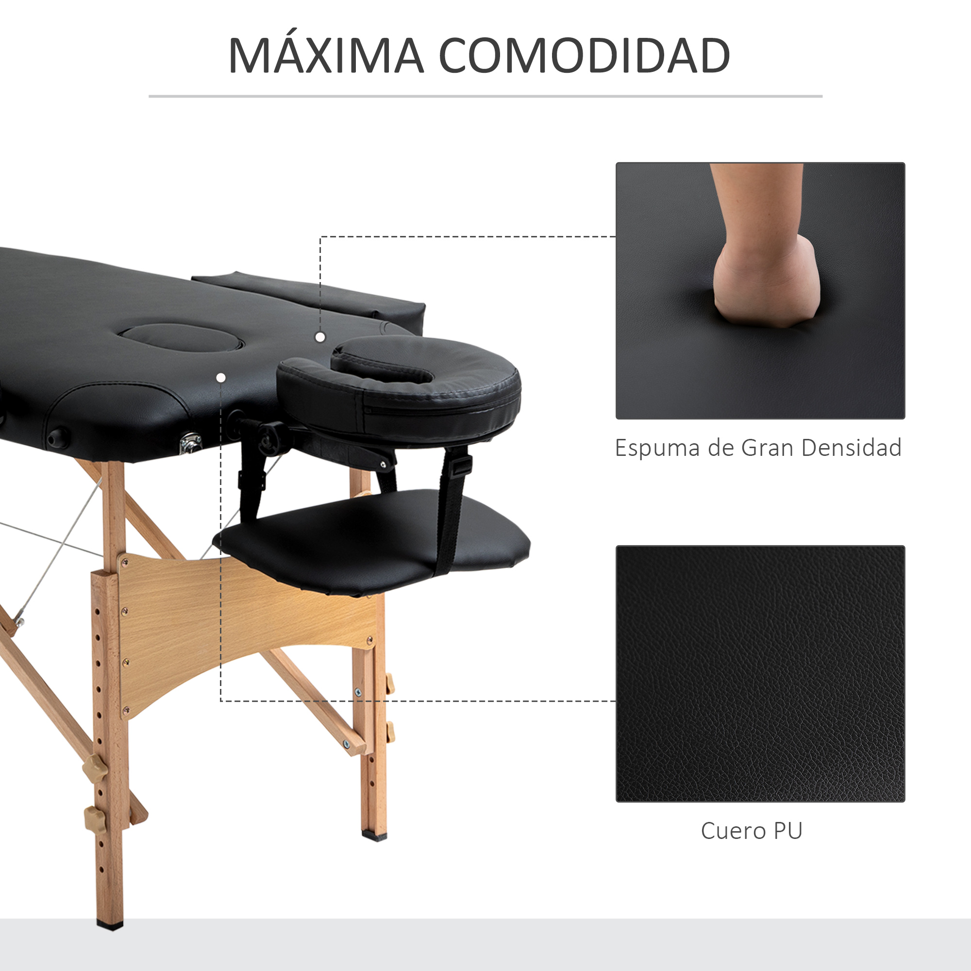 Mesa de masaje negra con marco de madera y reposacabezas extraíble.