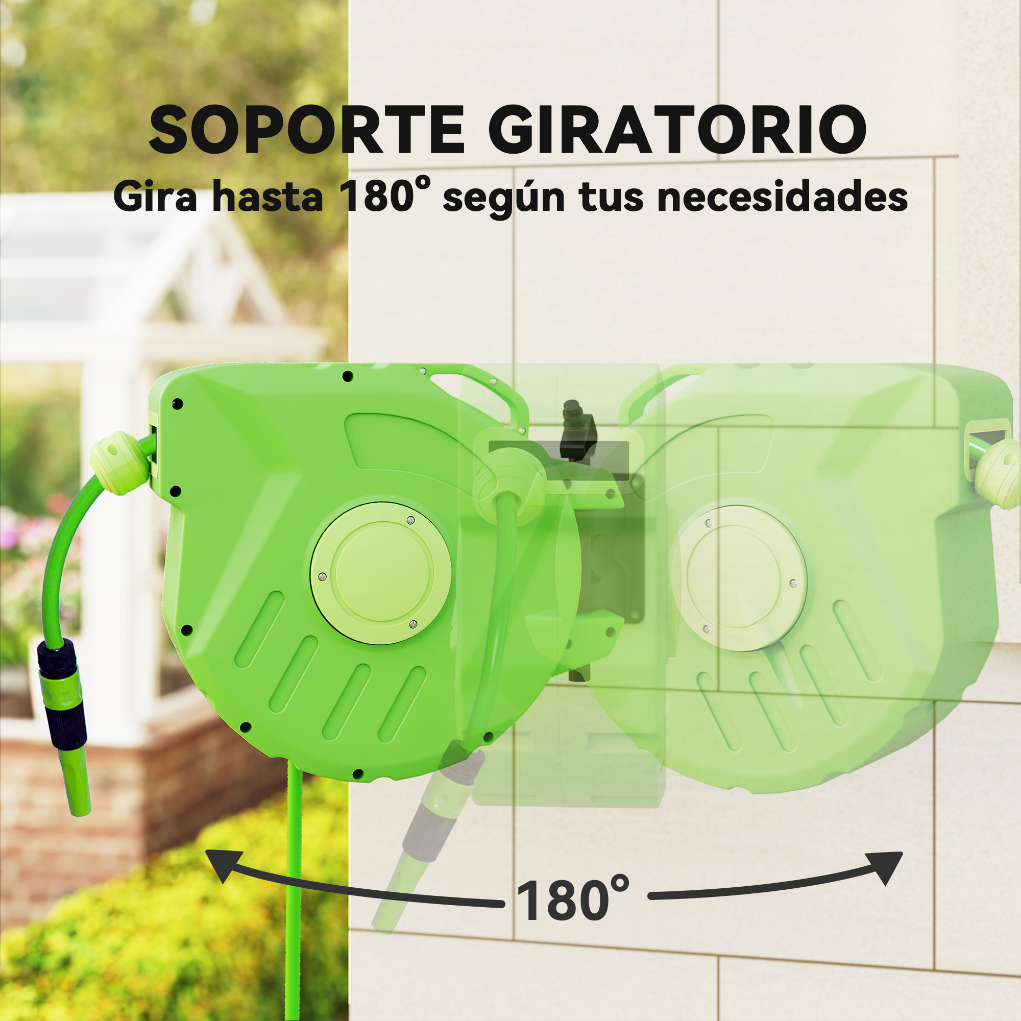 Carrete de manguera verde montado en pared, gira 180 grados.