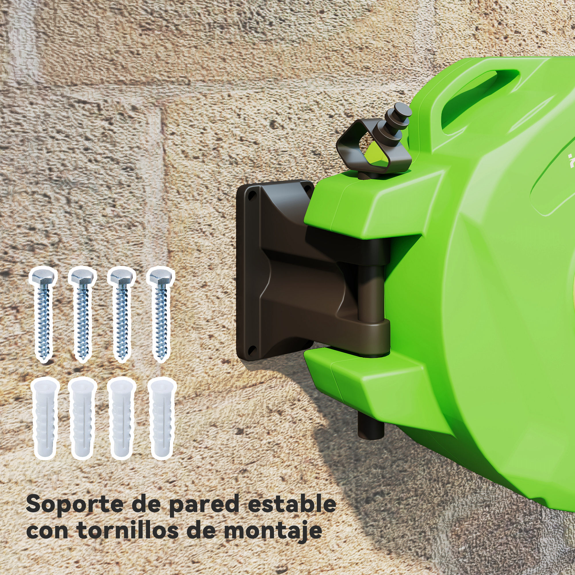 Enrollador de manguera verde con soporte de pared, tornillos y tacos en fachada de piedra.