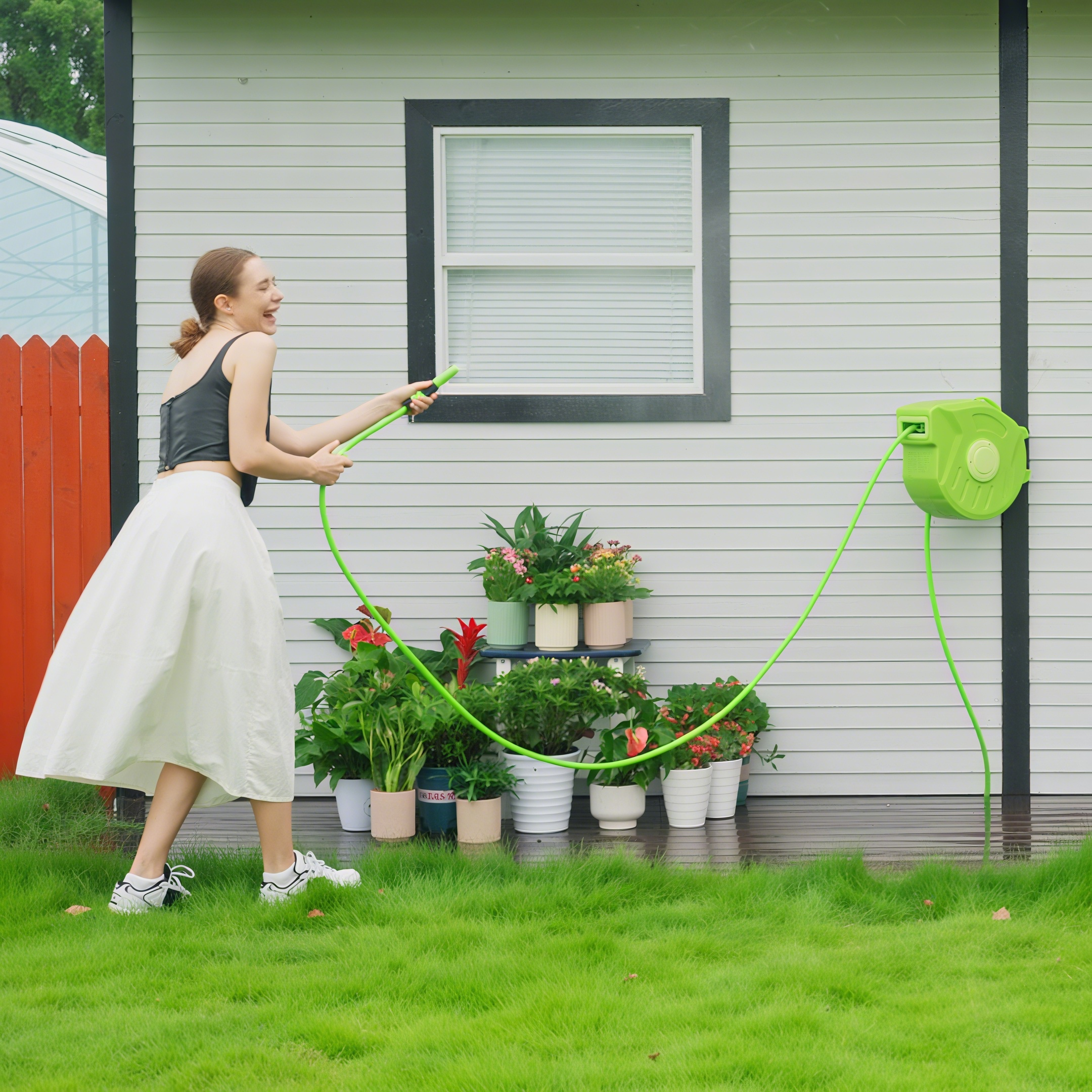 Una mujer riega plantas con una manguera frente a una casa.