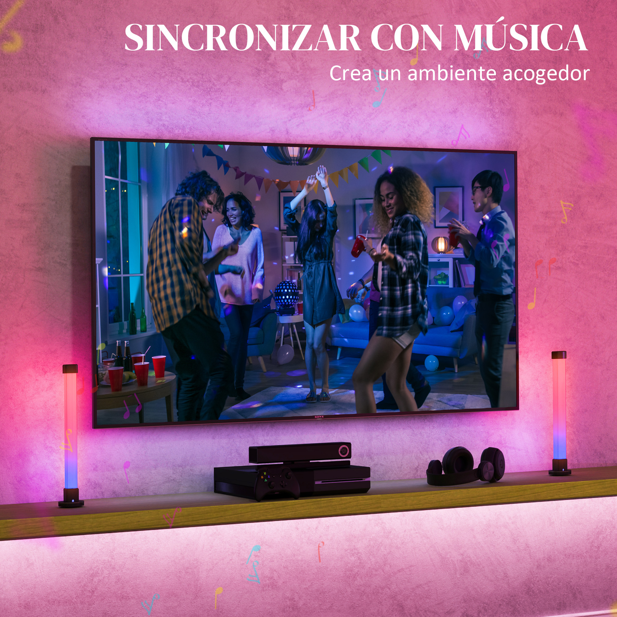 Gente bailando en una fiesta, iluminada por luces de colores y notas musicales.