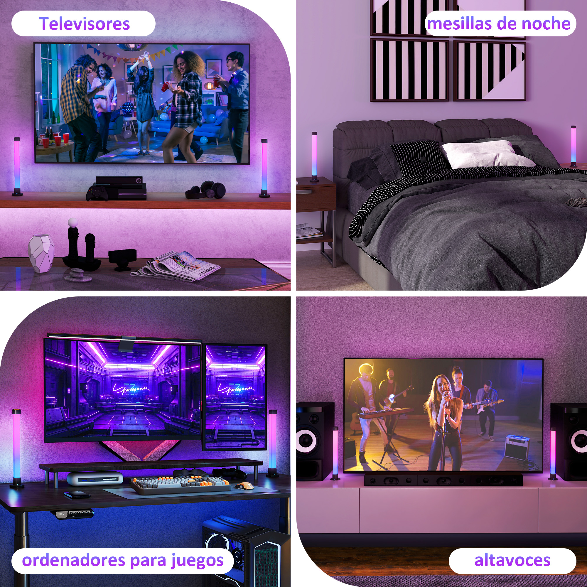 Cuatro escenas con iluminación: fiesta, dormitorio, configuración de juegos, concierto.