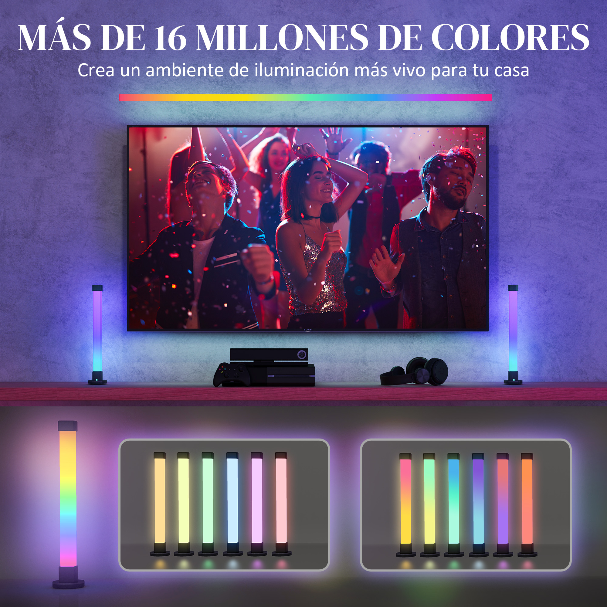 Un grupo de personas celebra en una fiesta, iluminado por luces de colores.