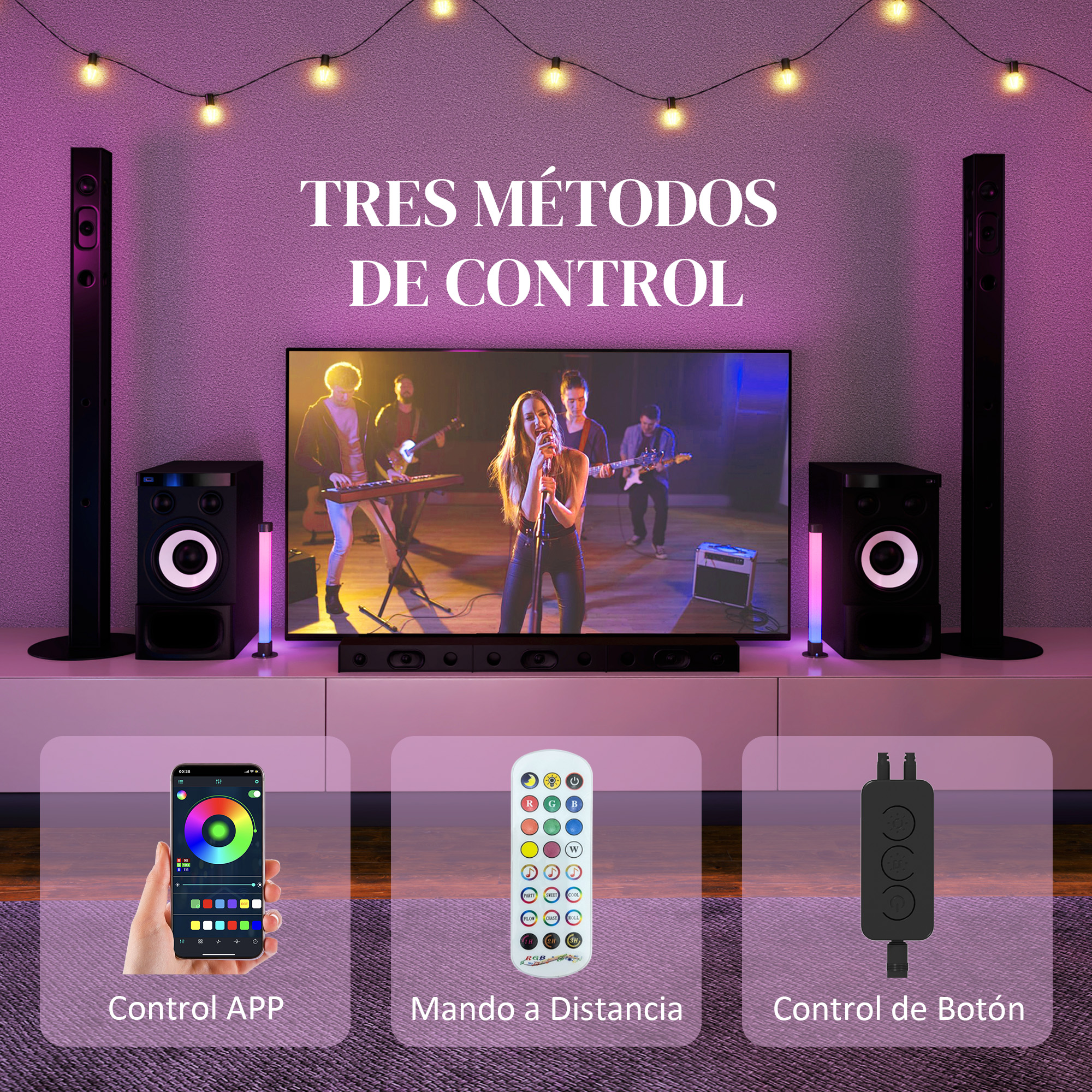 Tres métodos de control: app, mando a distancia y botón.