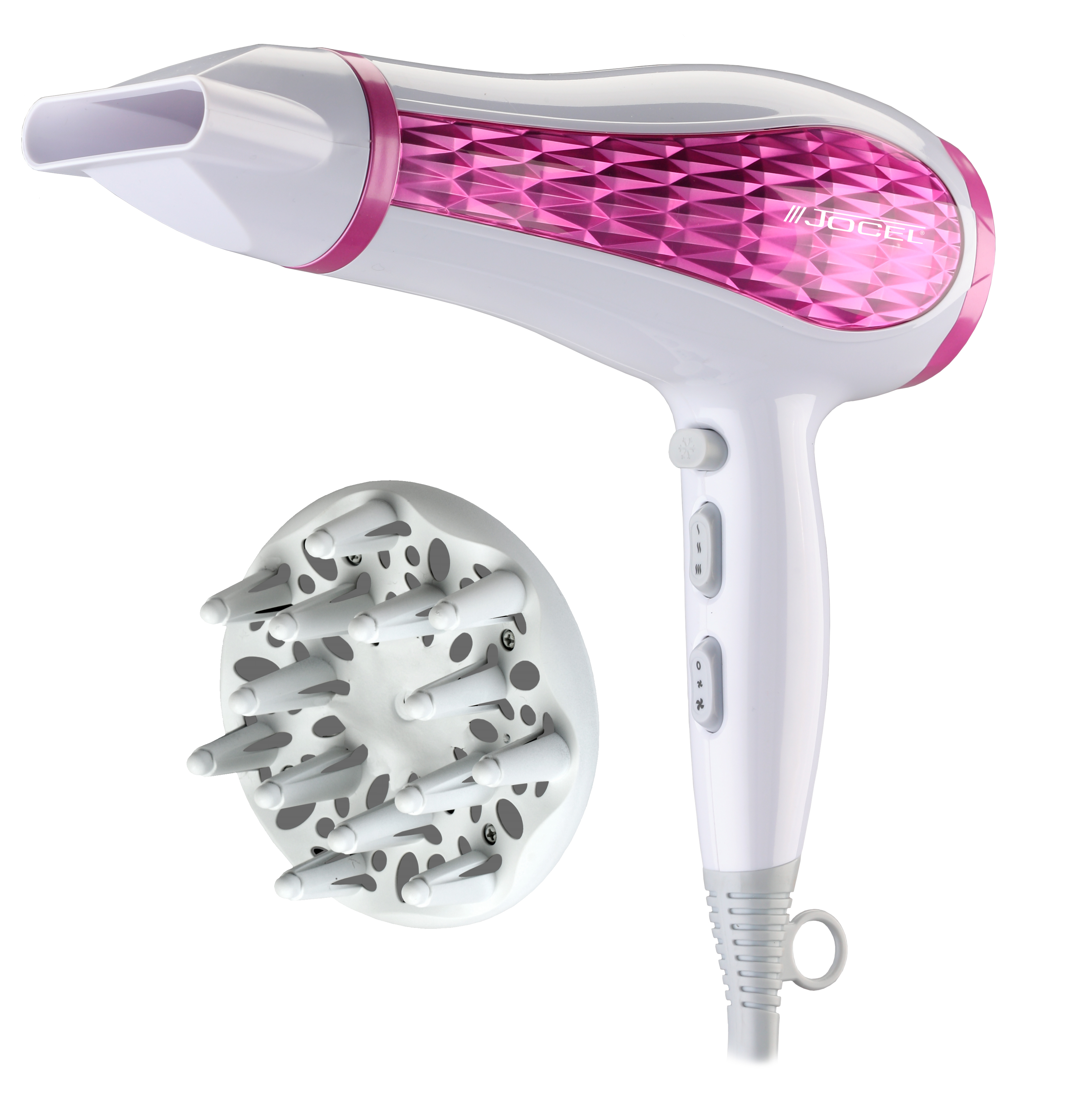 Ein weißer Haartrockner mit pinken Akzenten und Diffusor-Aufsatz.