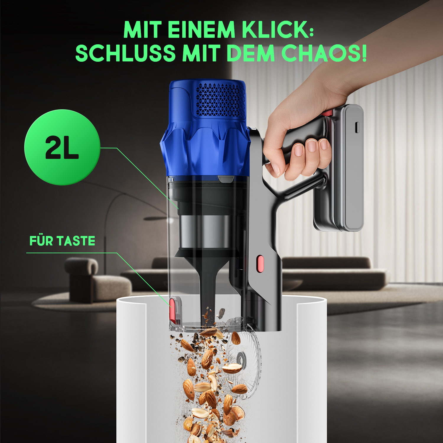 Ein blauer Handstaubsauger saugt Nüsse auf. 2L Kapazität.