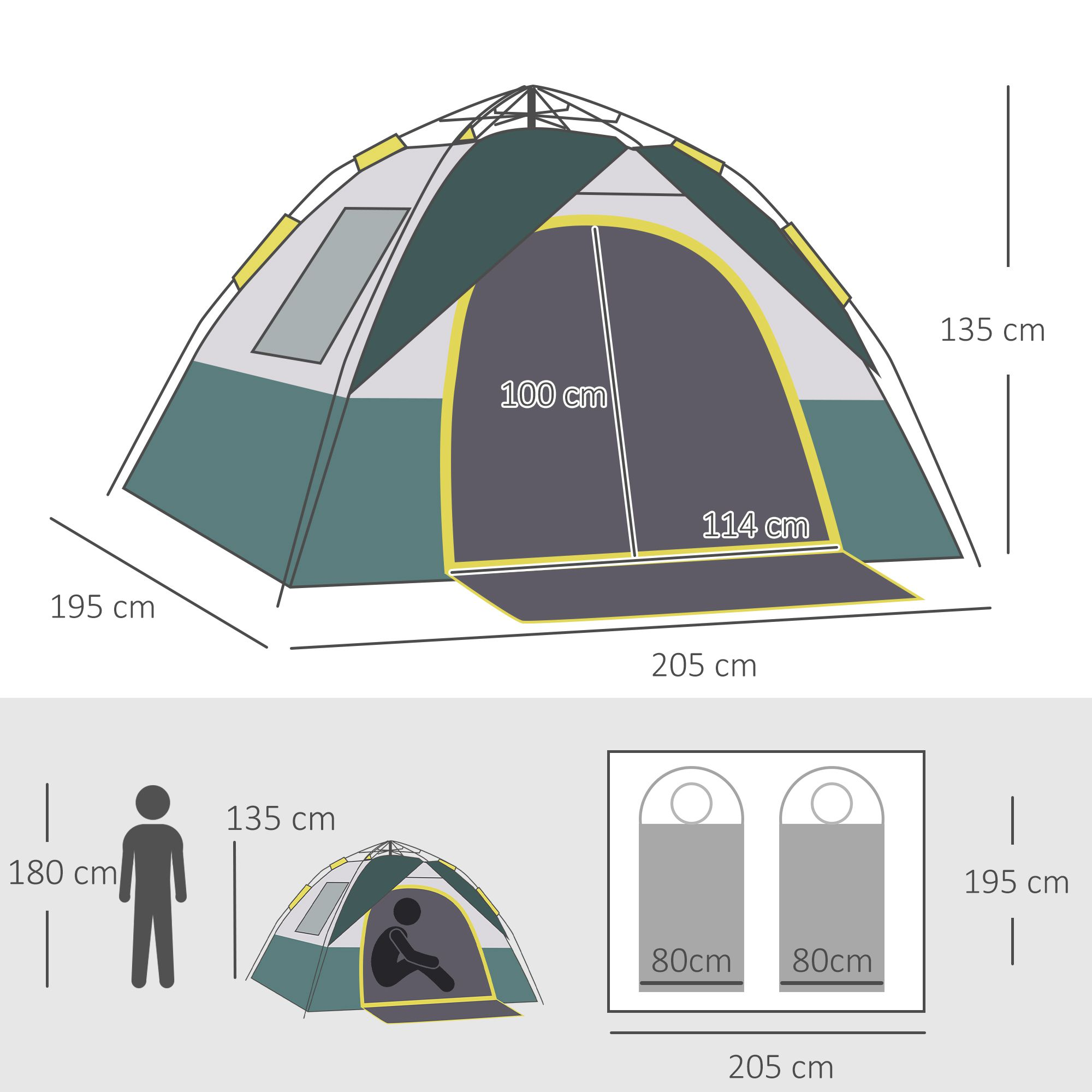 Diagrama de una tienda verde y gris con dimensiones, persona y sacos de dormir.