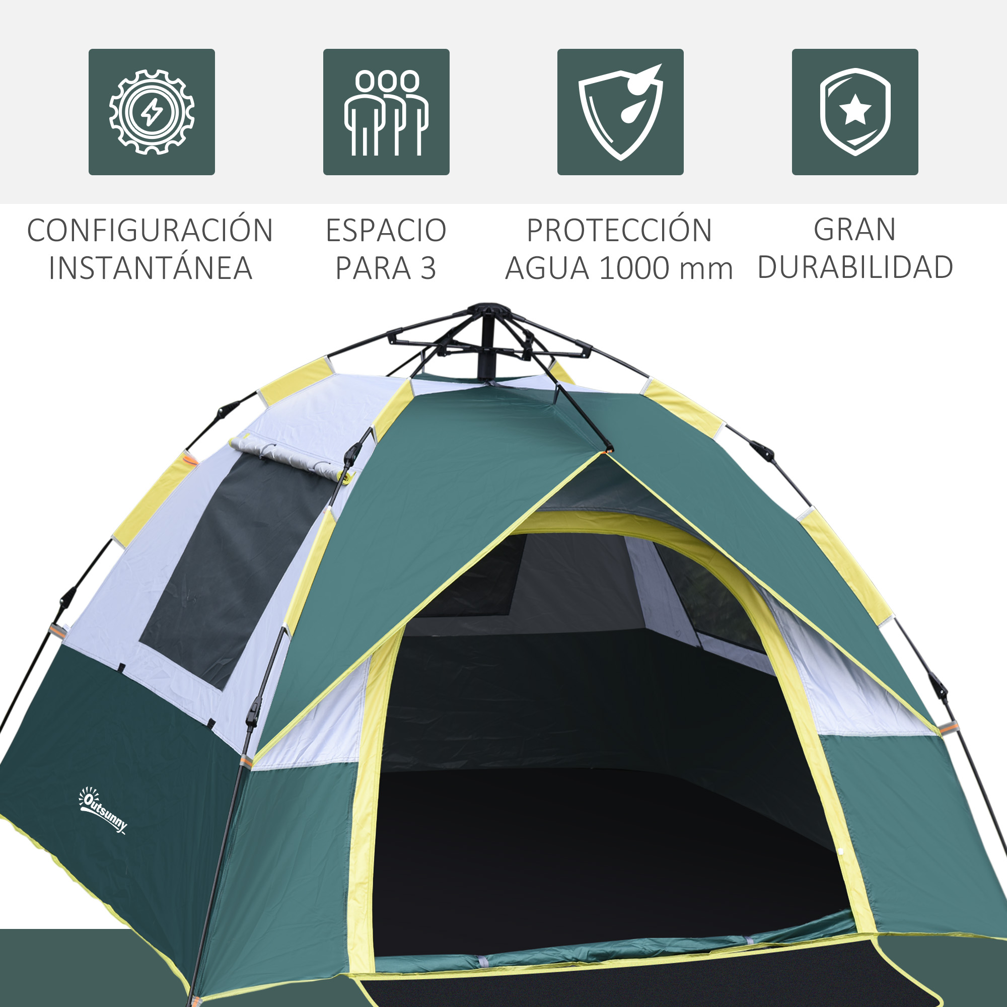 Una tienda verde y amarilla con ventanas. Iconos muestran montaje instantáneo, capacidad para 3 personas.