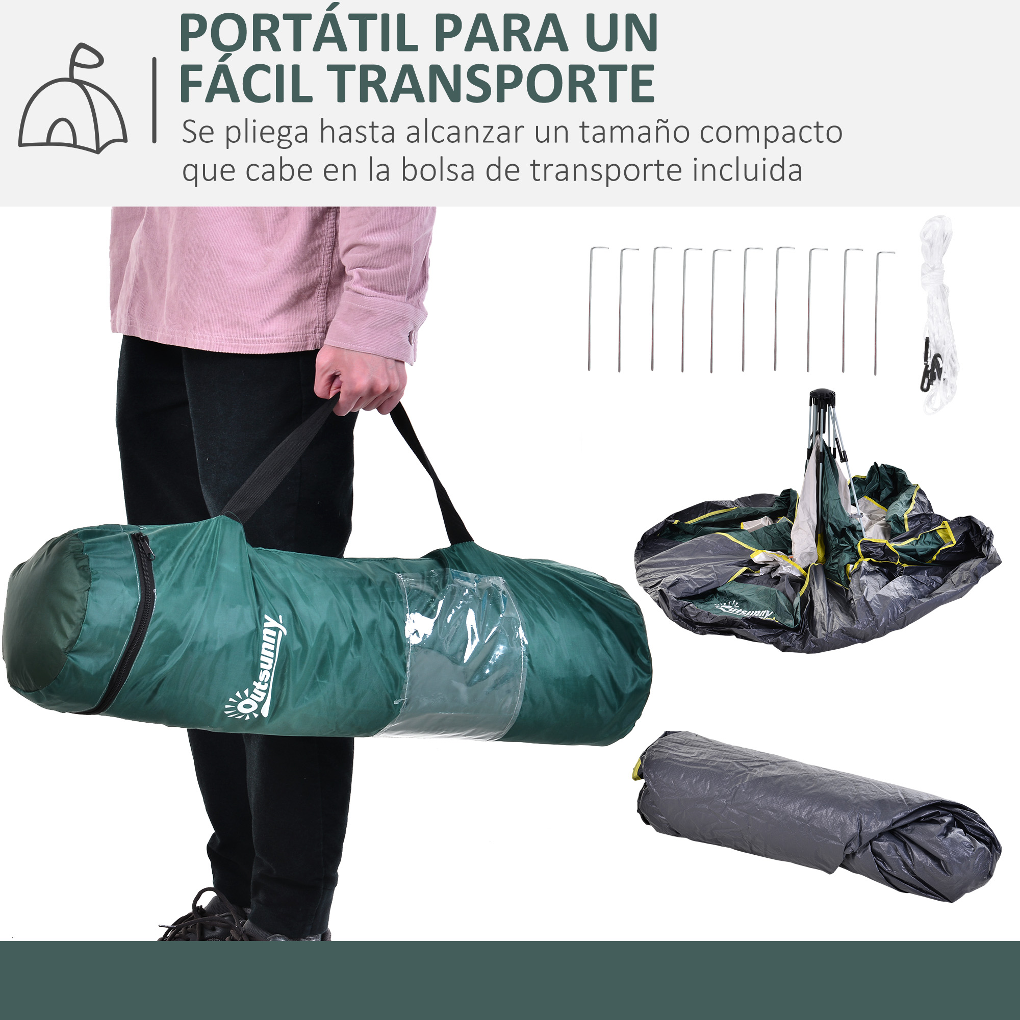 Una persona lleva una bolsa de tienda verde. Las varillas y la cuerda están al lado.