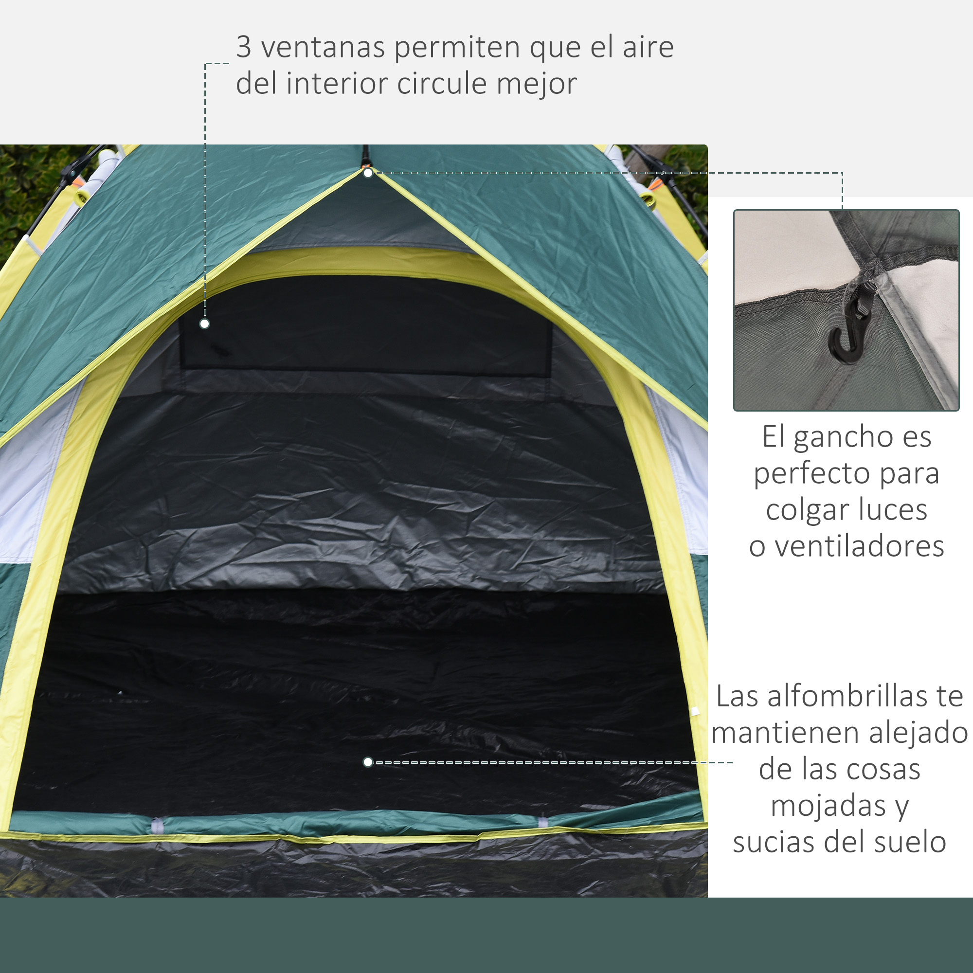 Tienda verde con ribetes amarillos, entrada abierta, gancho interior.