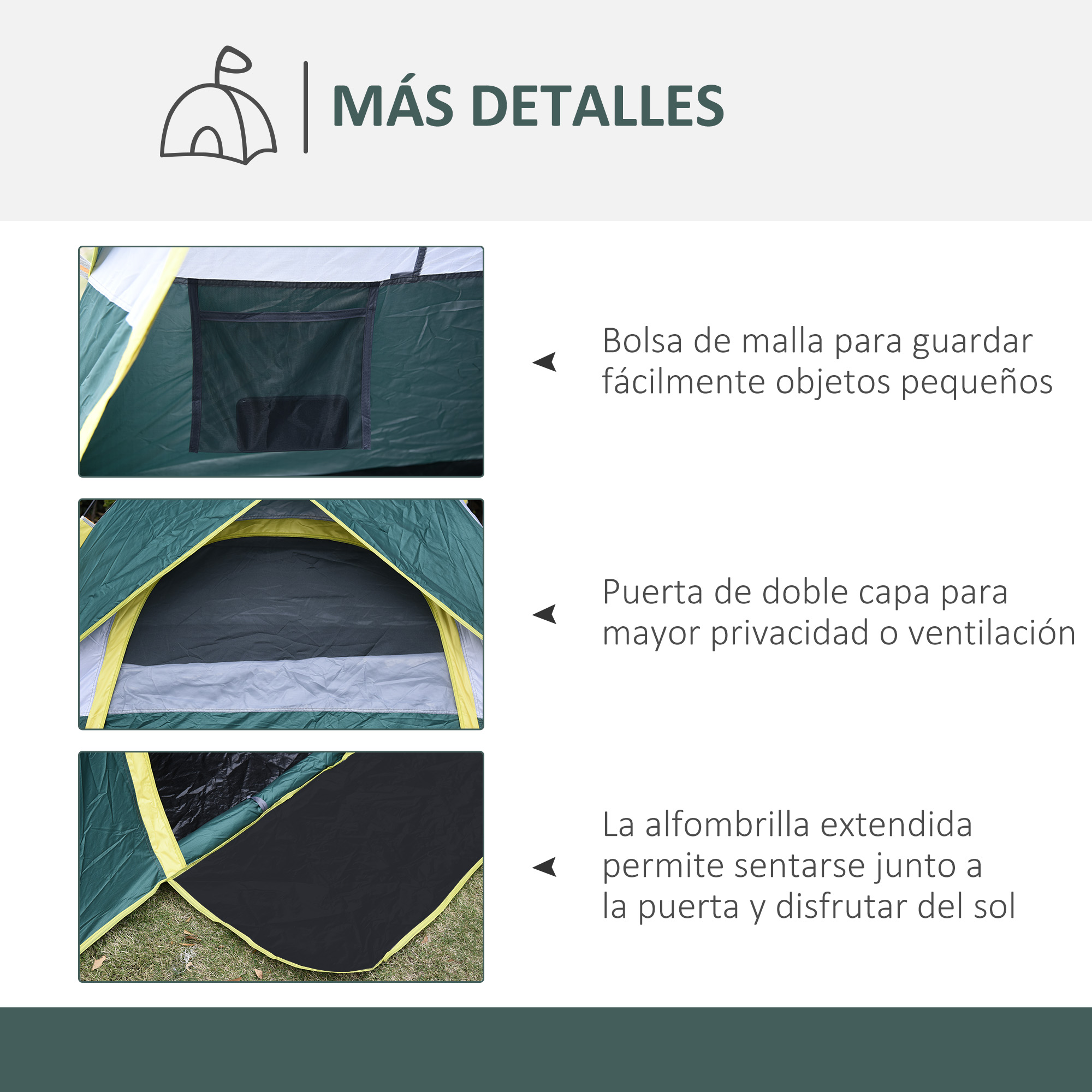 Detalles de tienda verde: bolsa de malla, puerta doble, alfombra extendida.