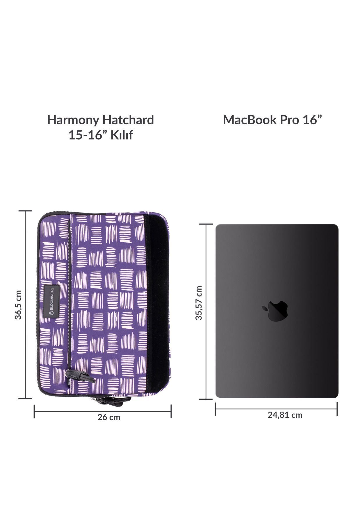 Beyaz desenli mor kılıf, koyu renk MacBook Pro 16 inç yanında.
