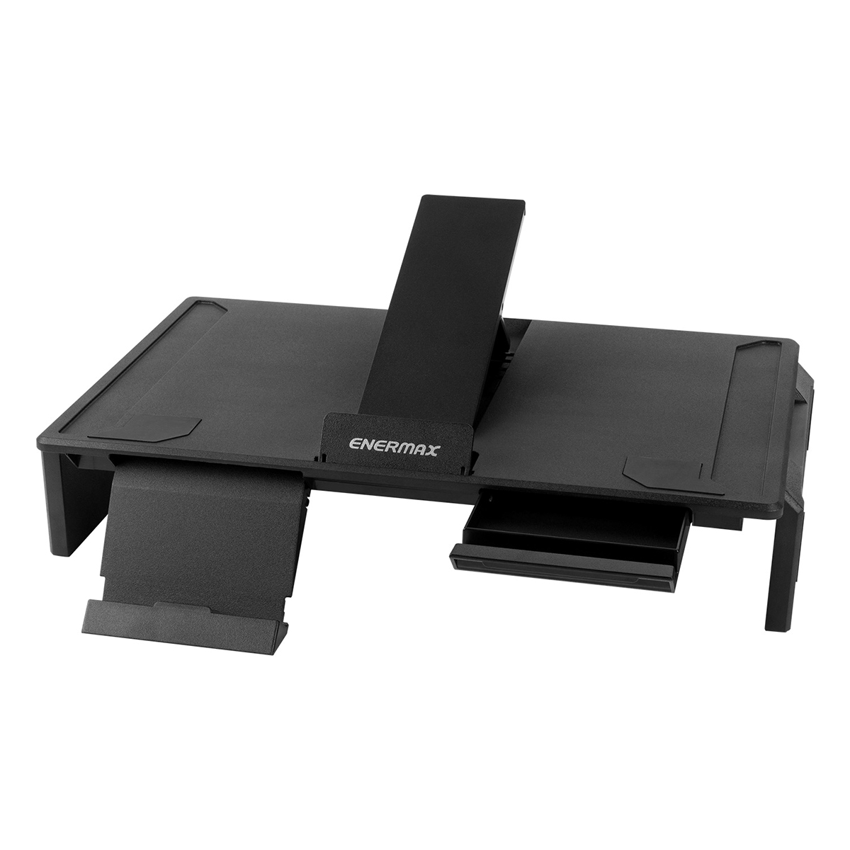 Entegre fan ve USB bağlantı noktasına sahip siyah, katlanabilir dizüstü bilgisayar standı.