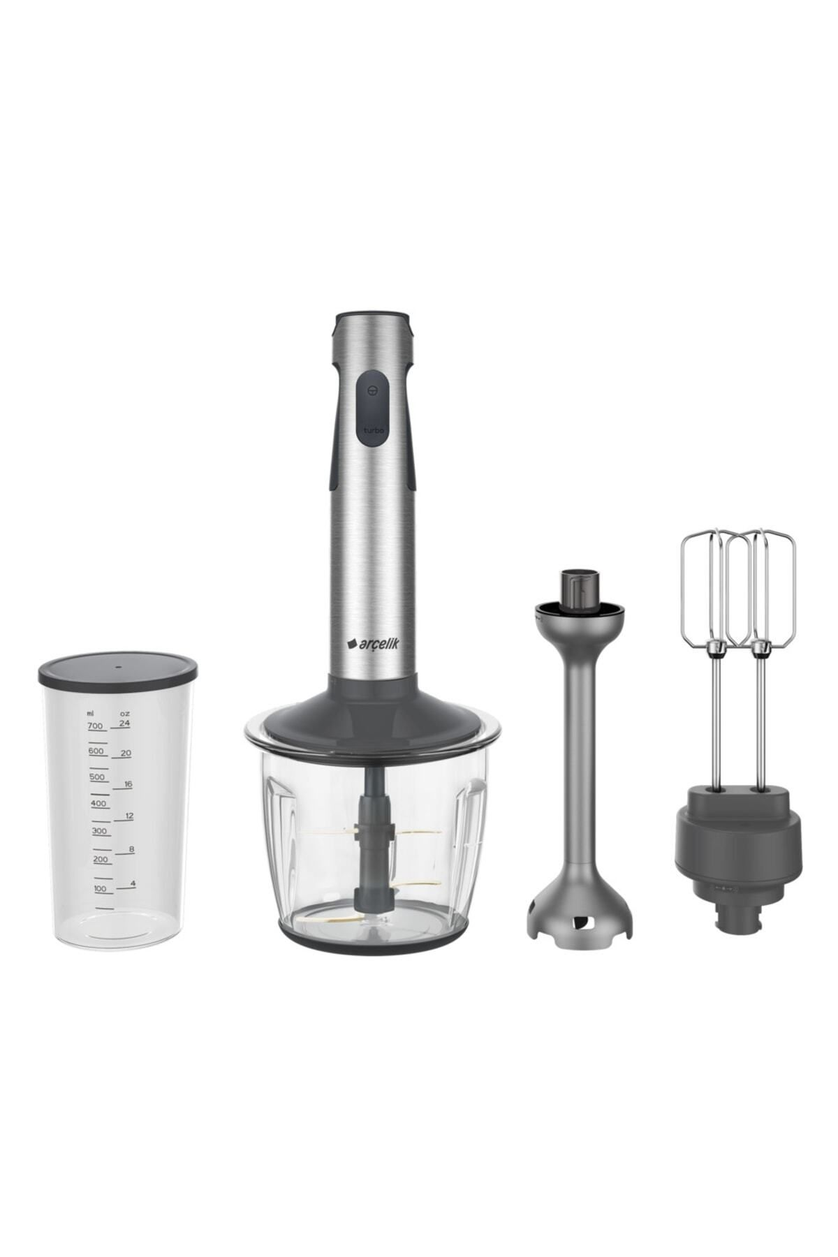 Aksesuarli el blenderi: ölçü kabı, blender ucu, çırpıcı.