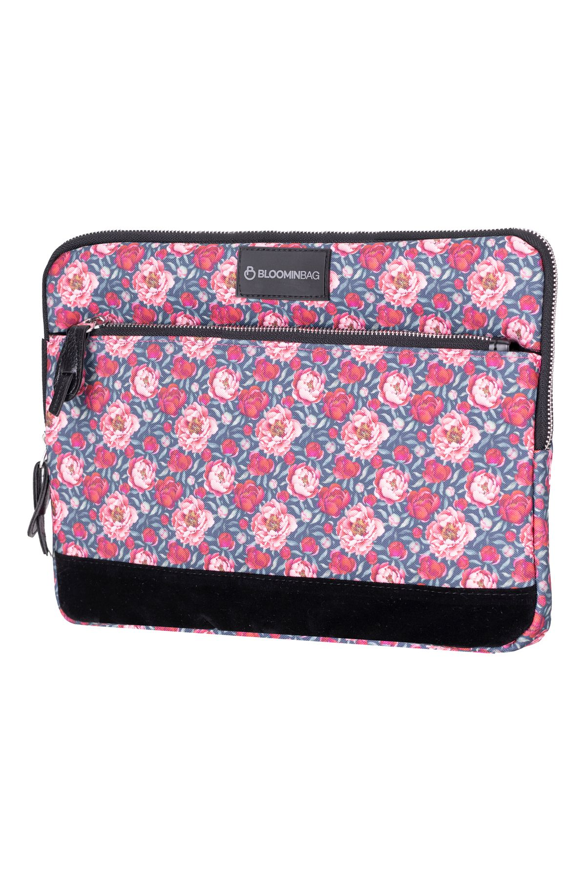 Pembe ve mavi çiçek desenli, siyah şeritli laptop çantası.