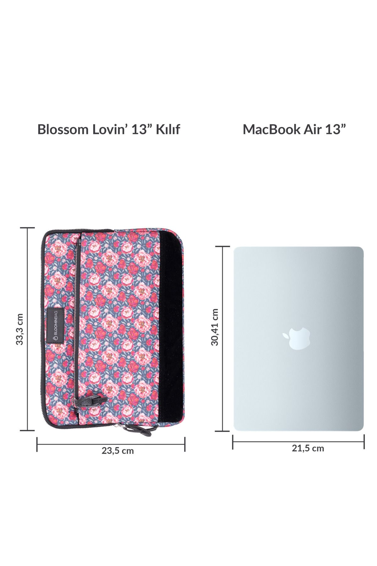 Çiçek desenli laptop kılıfı, 13 inç MacBook Air yanında.