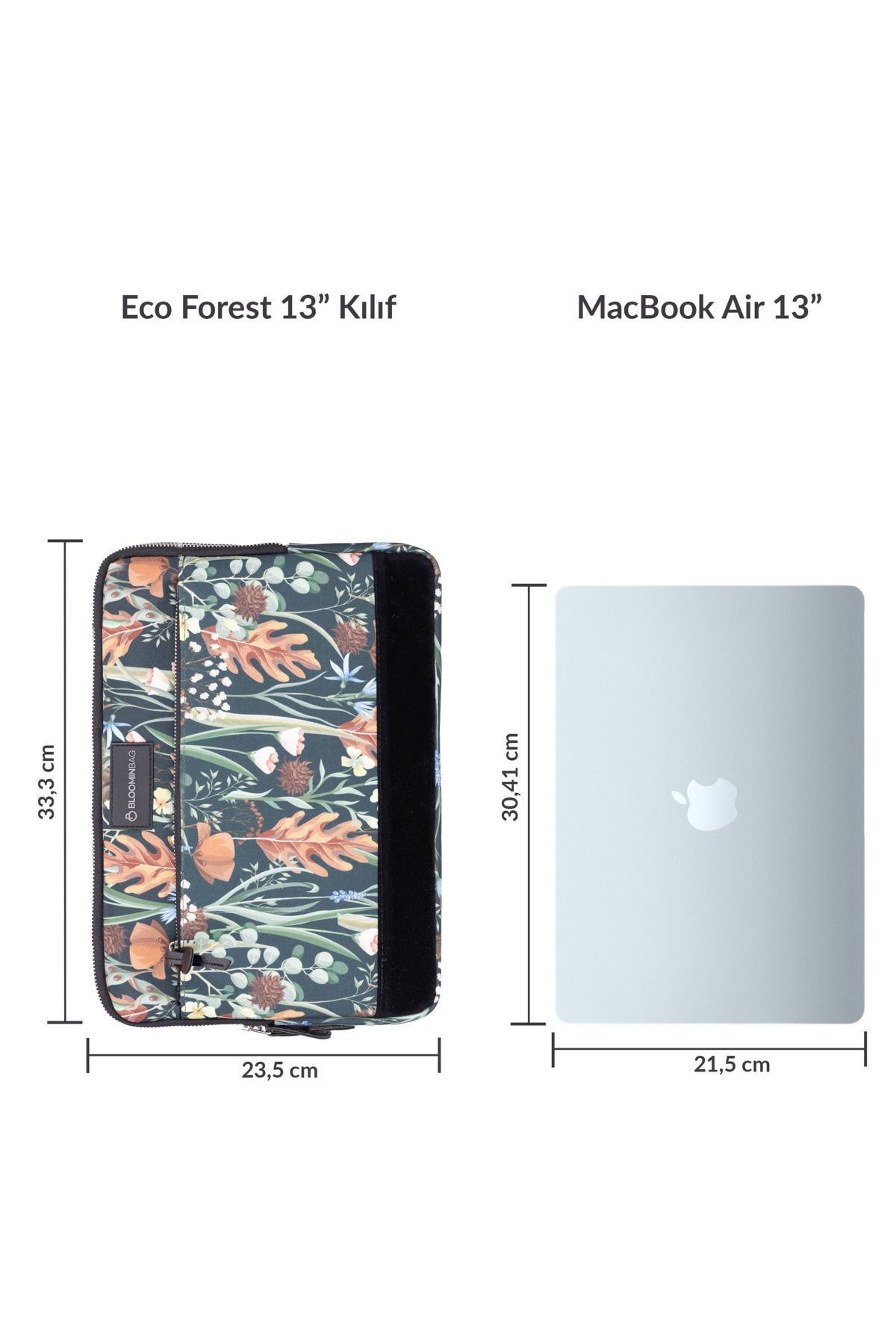 Boyutları olan MacBook Air 13" yanında çiçek desenli laptop kılıfı.