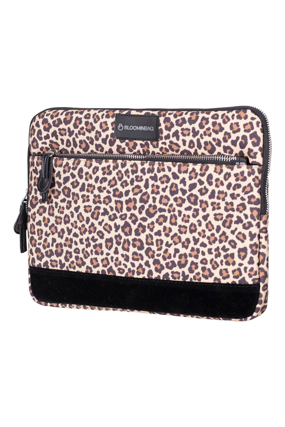 Leopar desenli, siyah kadife şeritli kahverengi laptop çantası.