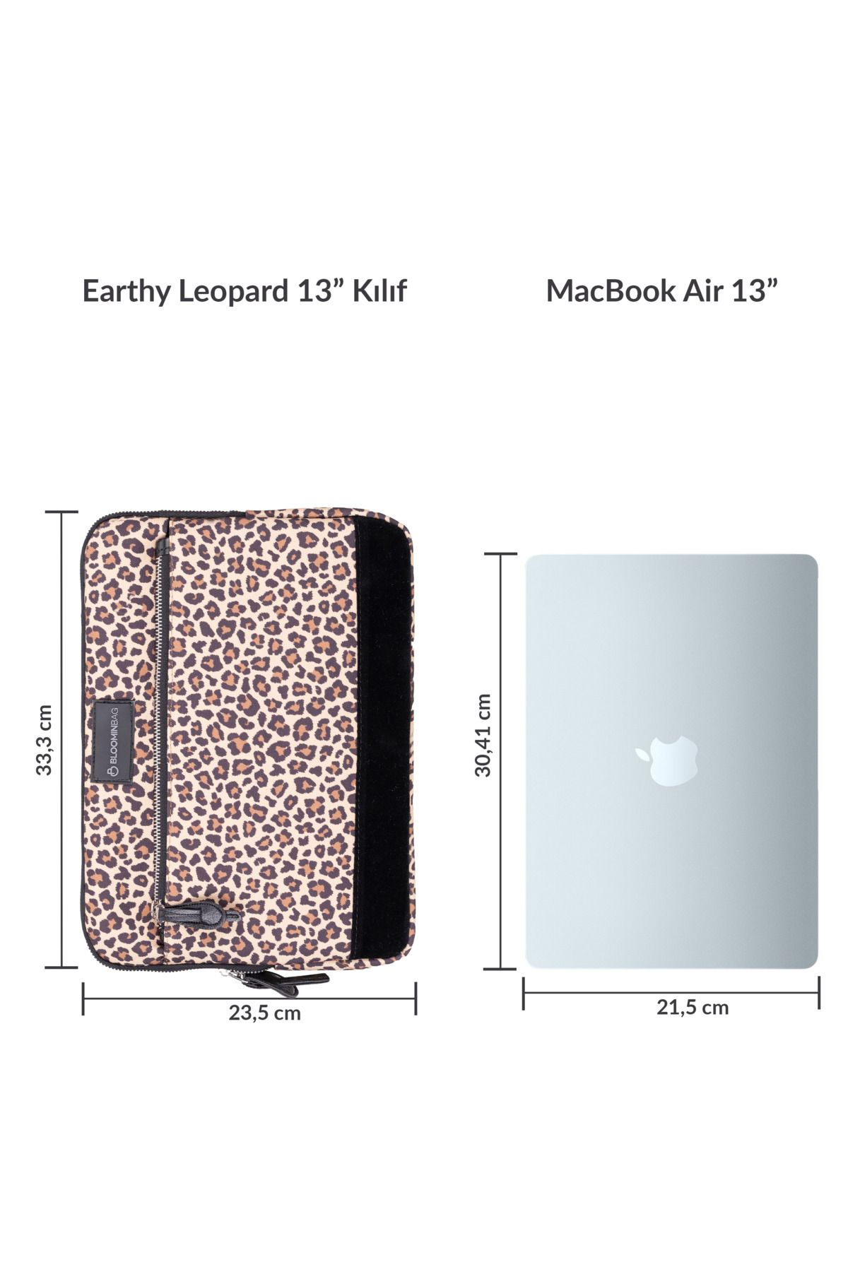 Earthy Leopard 13" kılıf ve MacBook Air 13" yan yana.