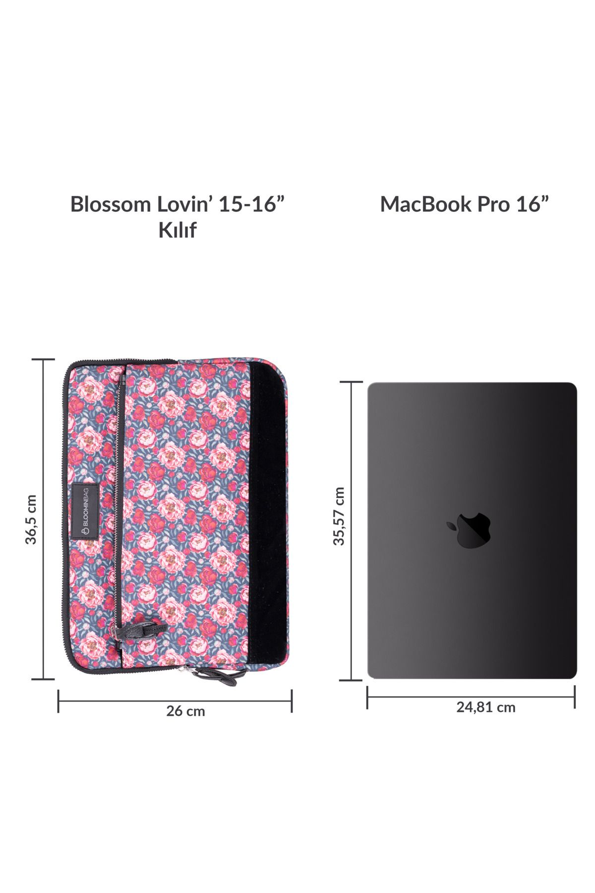 Çiçek desenli laptop kılıfı (36,5cm), MacBook Pro 16" (35,57cm) yanında.