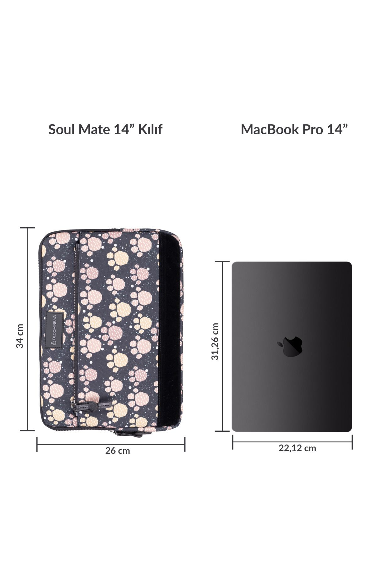 Patili desenli laptop kılıfının yanında bir MacBook Pro 14".