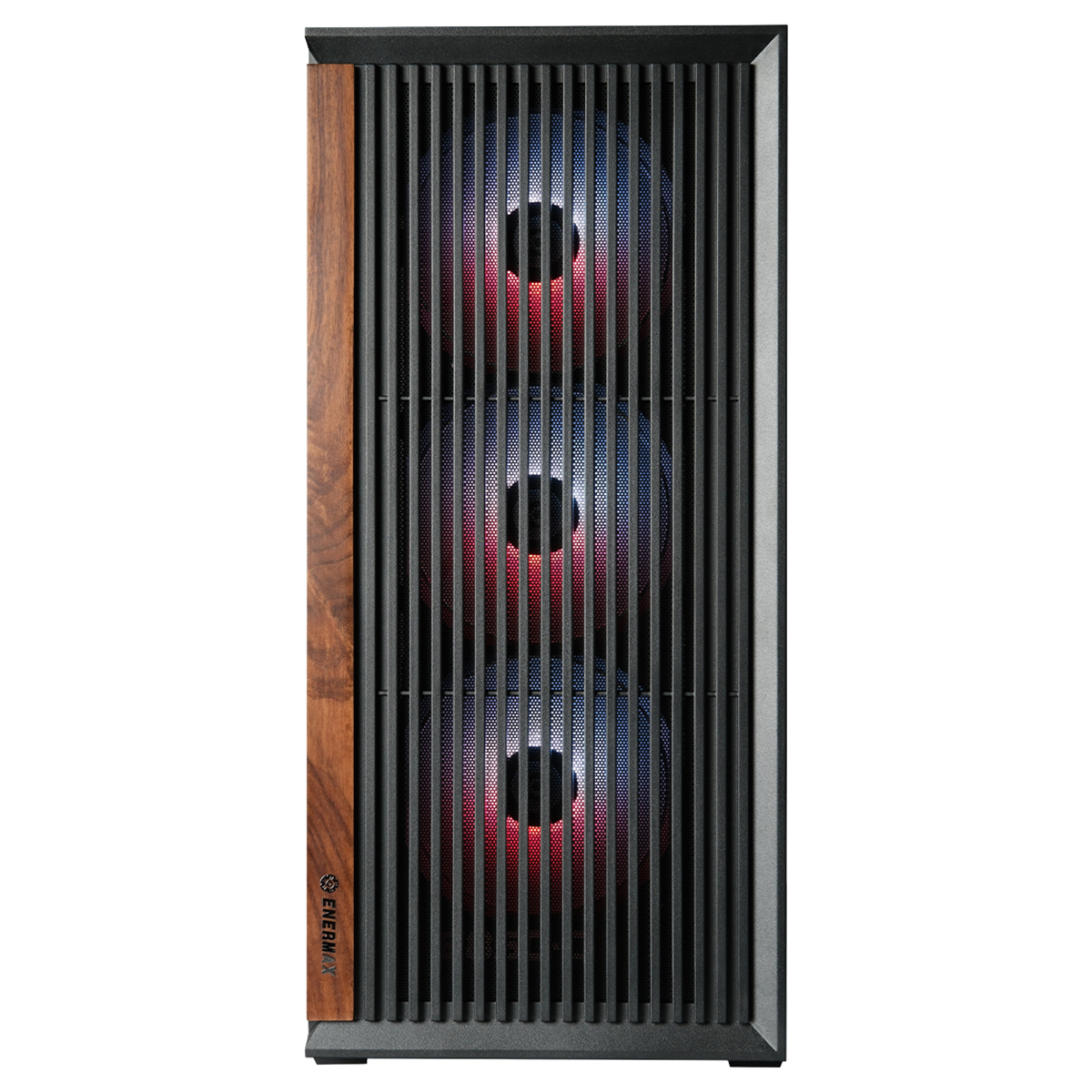 Ahşap süslemeli siyah PC kasası ve üç aydınlatmalı fan.