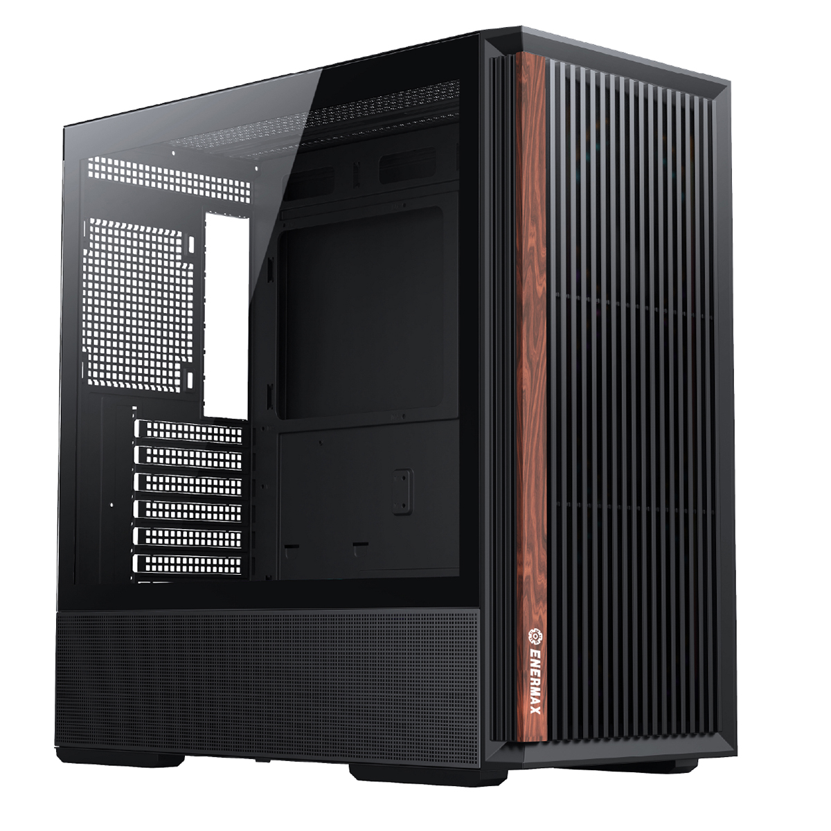 Cam önlü ve ahşap görünümlü siyaj PC kasası.