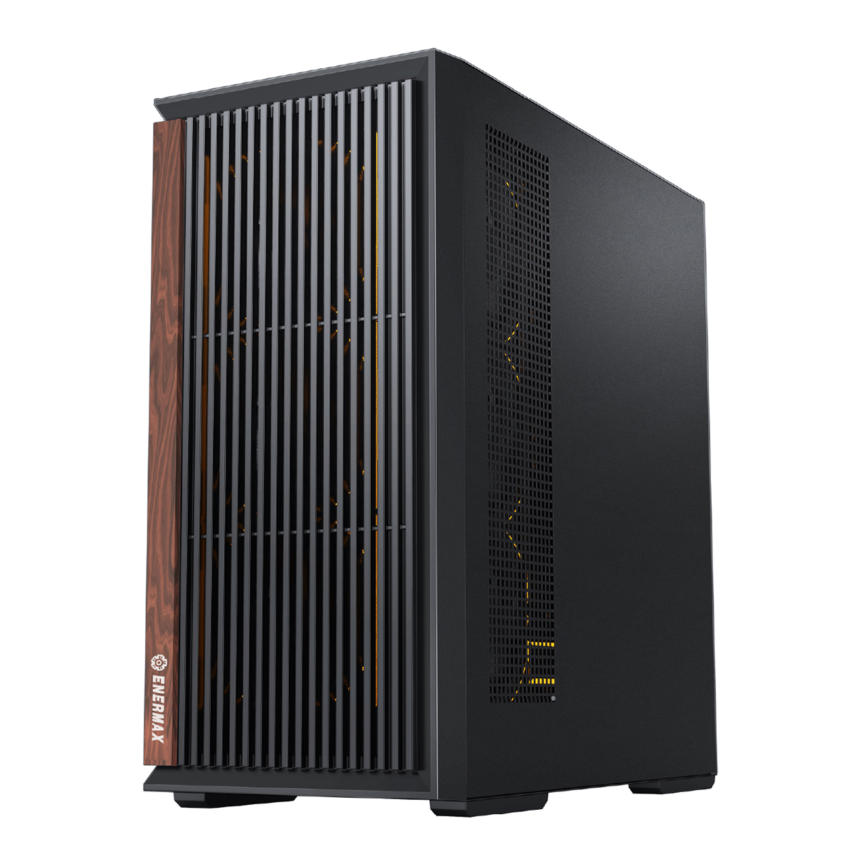 Önde ahşap kaplamalı, turuncu aydınlatmalı siyah PC kulesi.