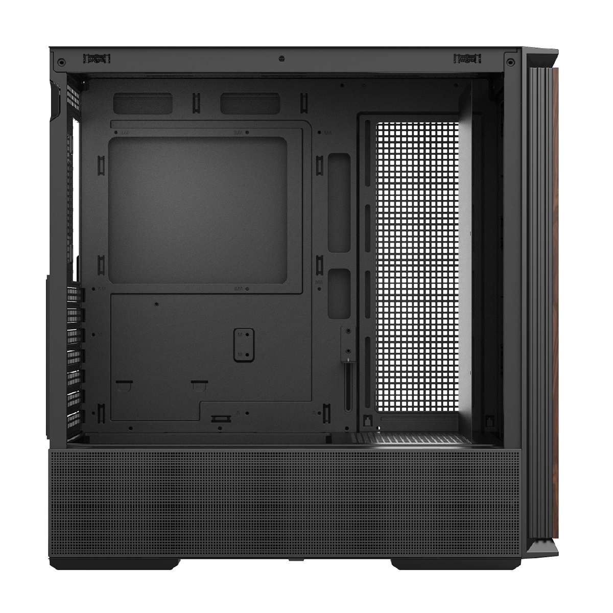 Ahşap vurgular ve metal ızgaralı boş bir PC kasası standı.