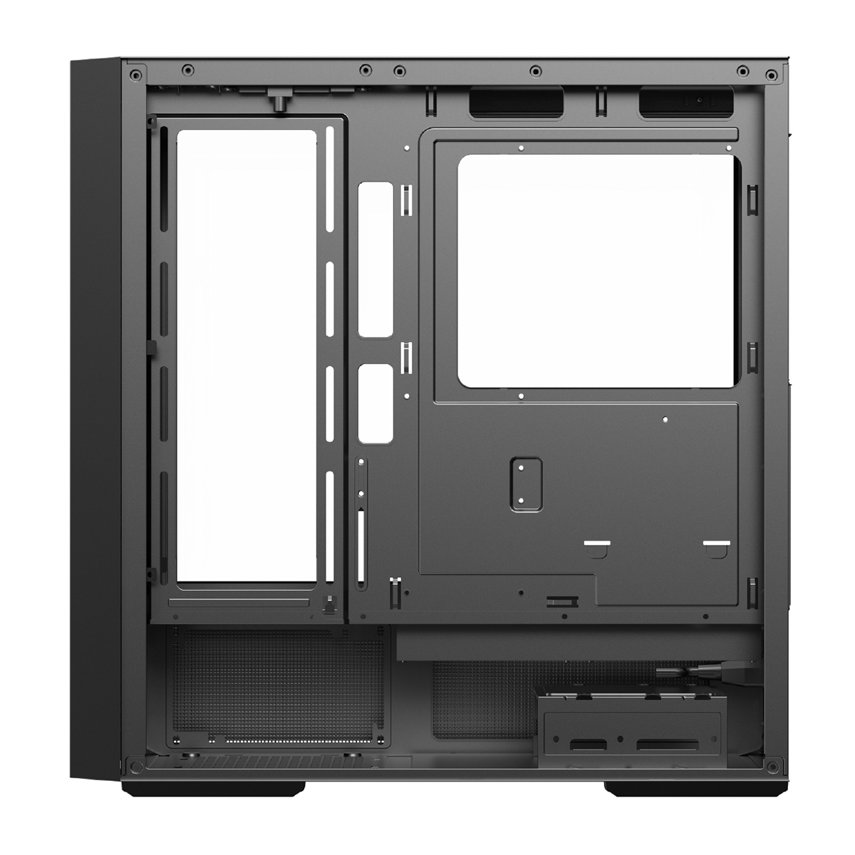 Bileşenler için montaj açıklıkları bulunan siyah bir PC kasasının iç görünümü.