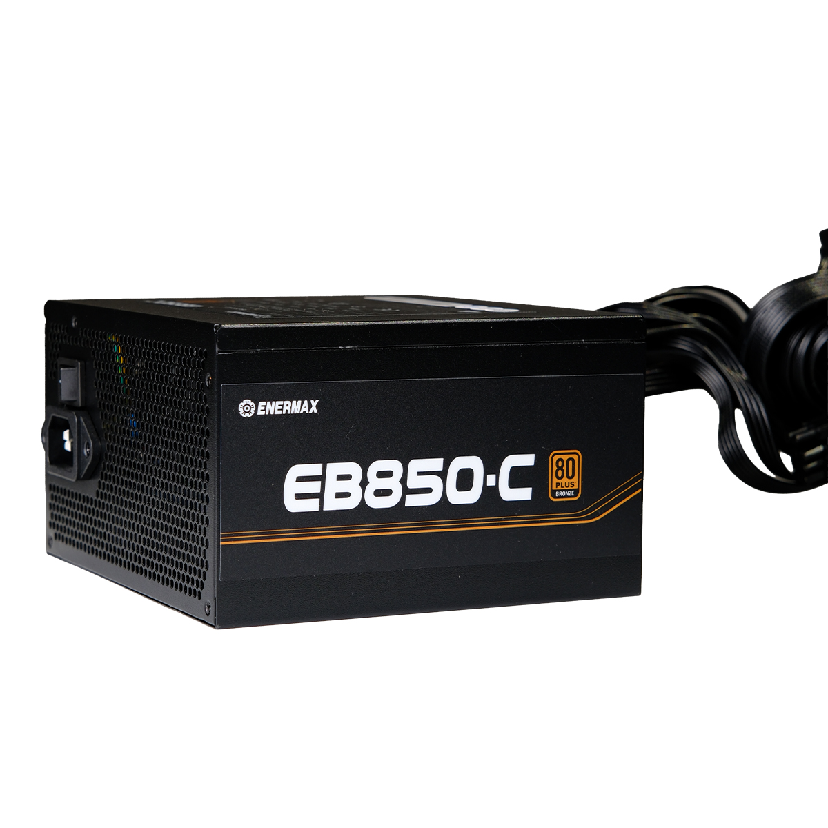 Siyah güç kaynağı, ENERMAX logosu ve EB850-C etiketi, 80 PLUS Bronze.