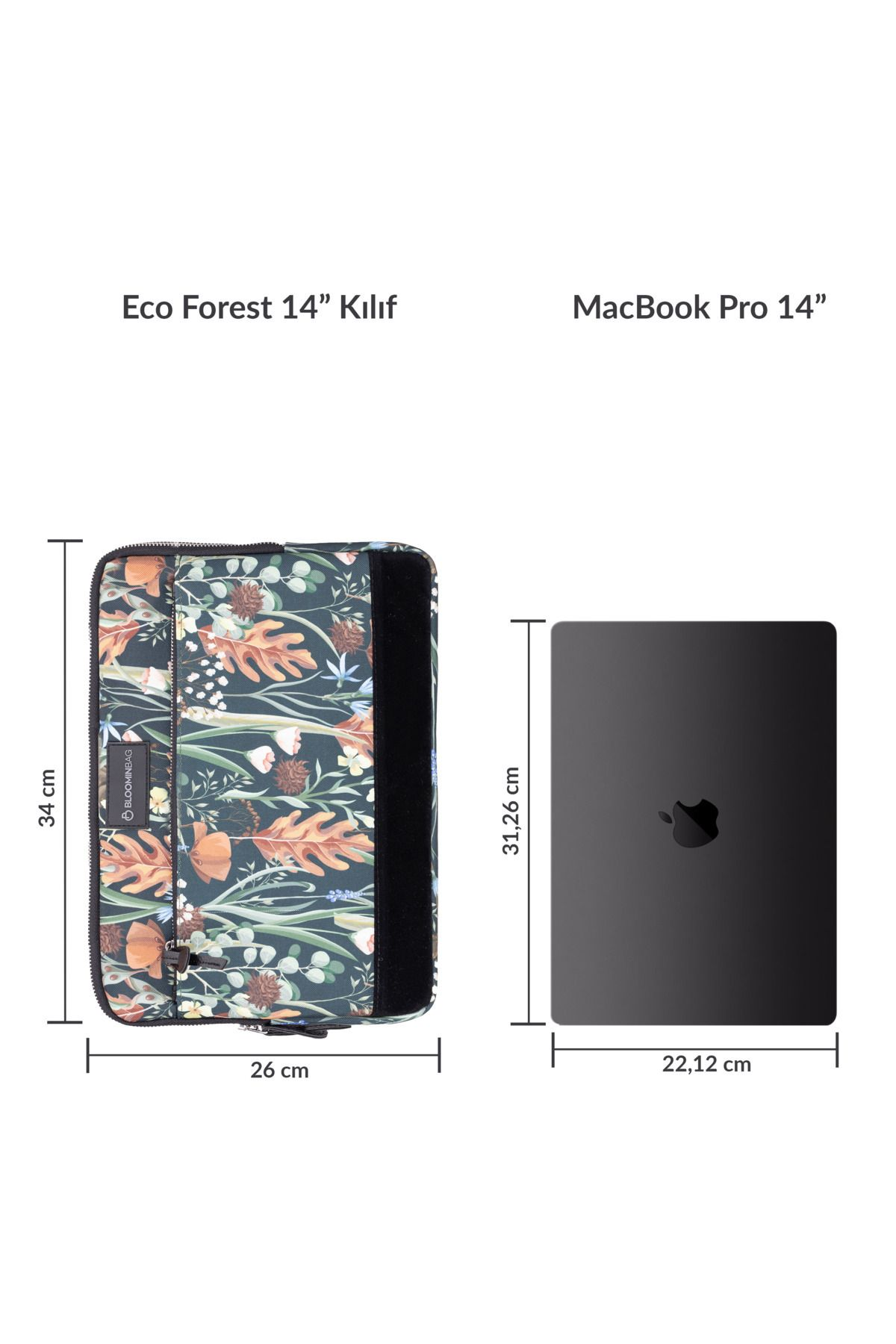 Çiçek desenli yeşil dizüstü bilgisayar kılıfı ve MacBook Pro 14".