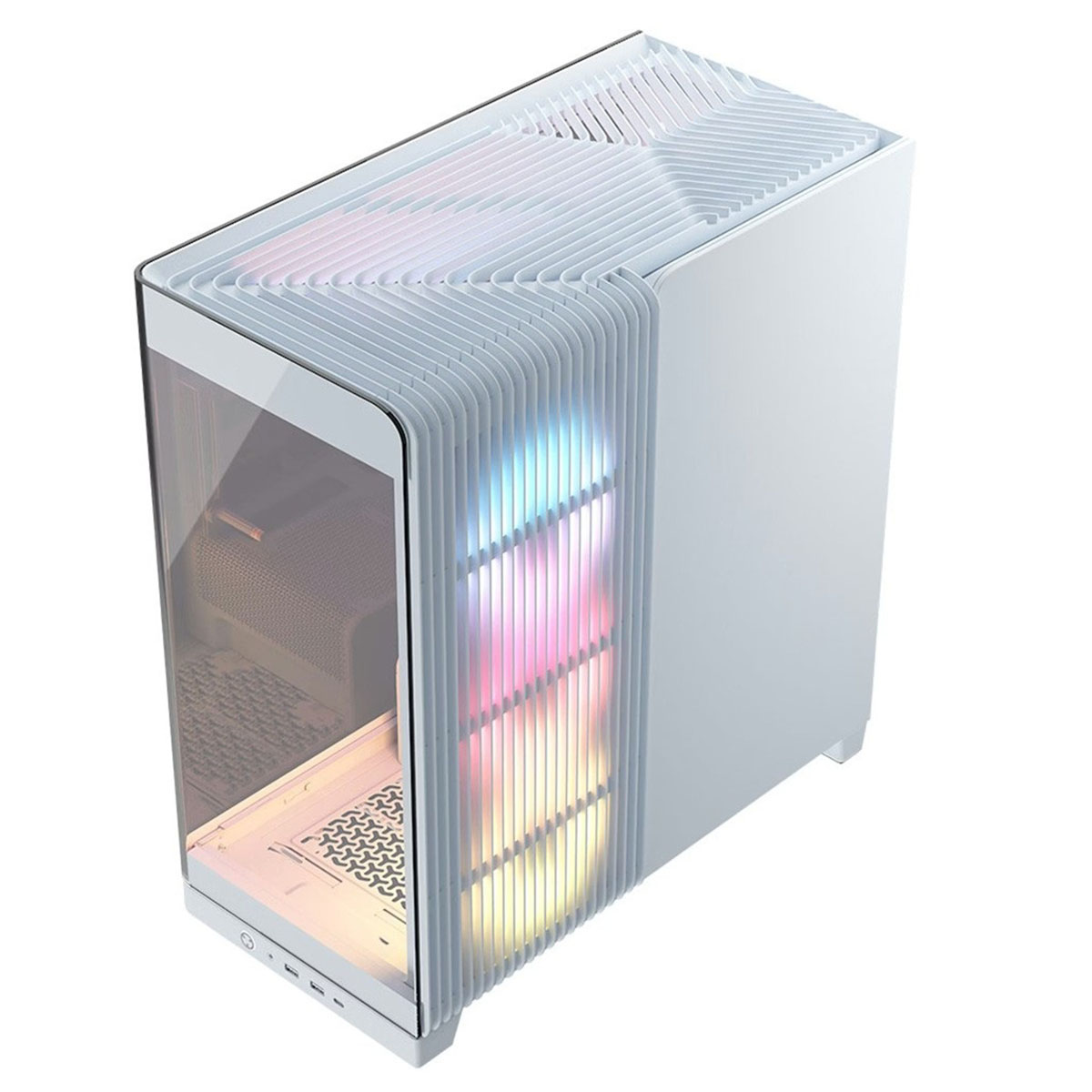 Boîtier PC blanc avec éclairage RVB et fenêtre en verre.