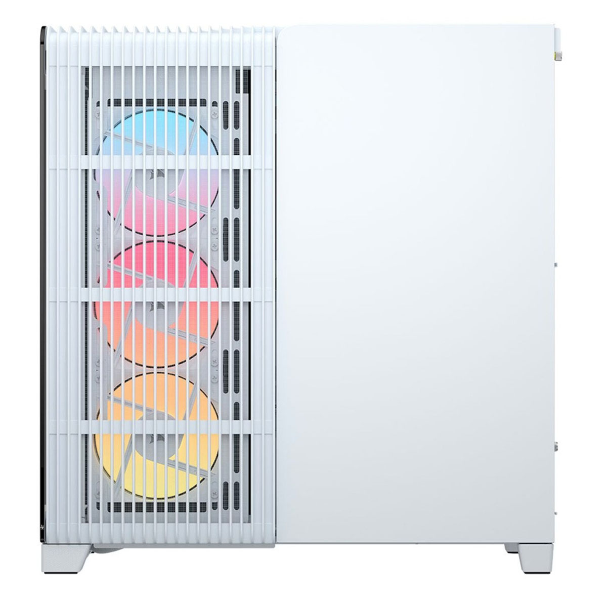 Façade de boîtier PC blanc avec trois ventilateurs RGB.