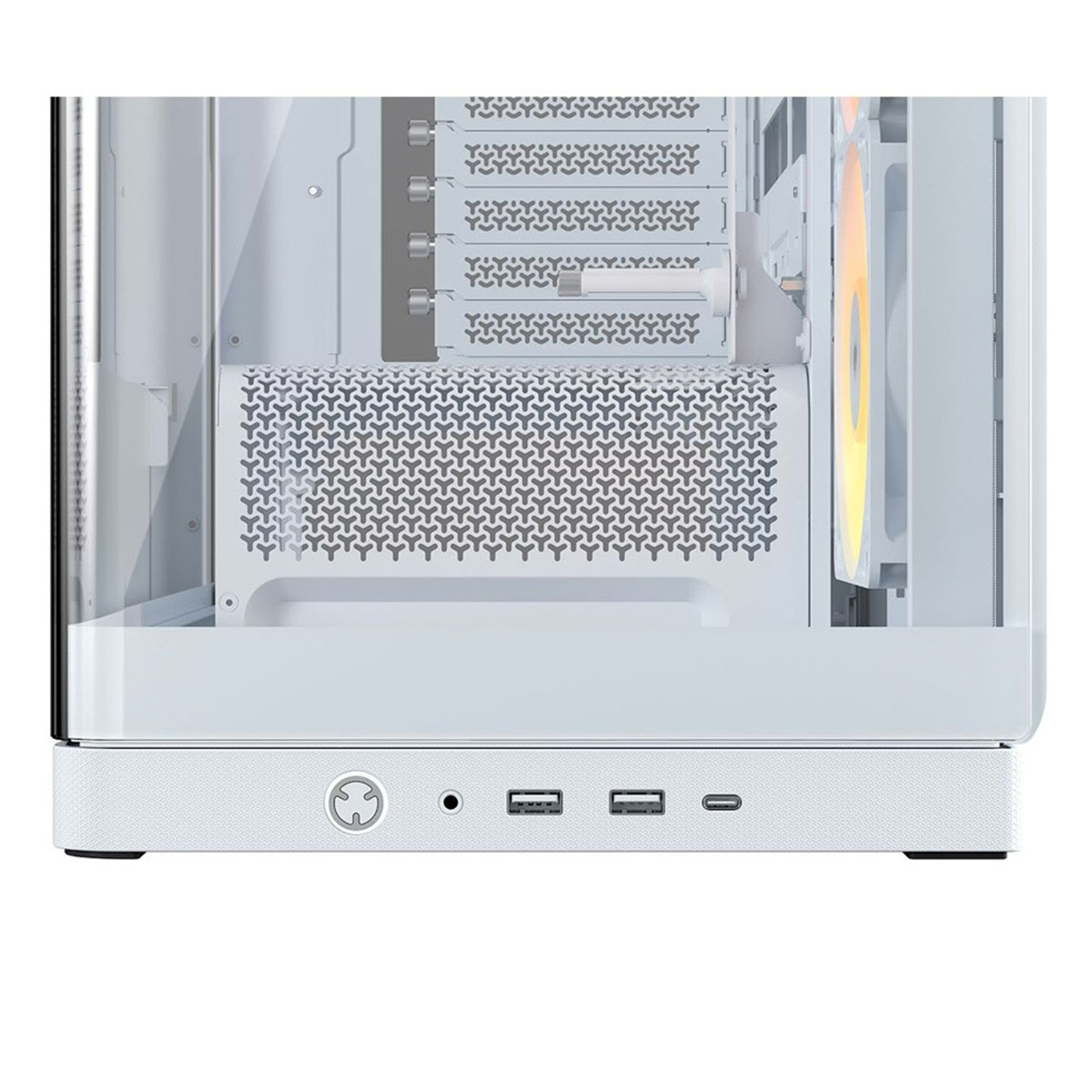 Un boîtier d'ordinateur blanc avec ports USB et Type-C à l'avant.