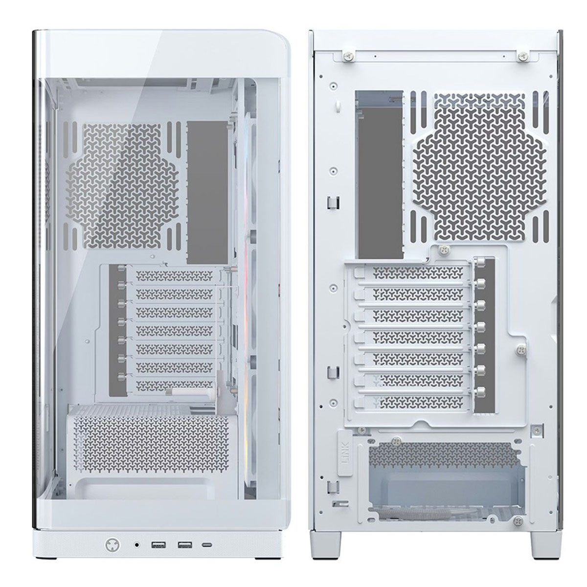 Boîtier PC blanc avec panneau latéral en verre et composants internes visibles.